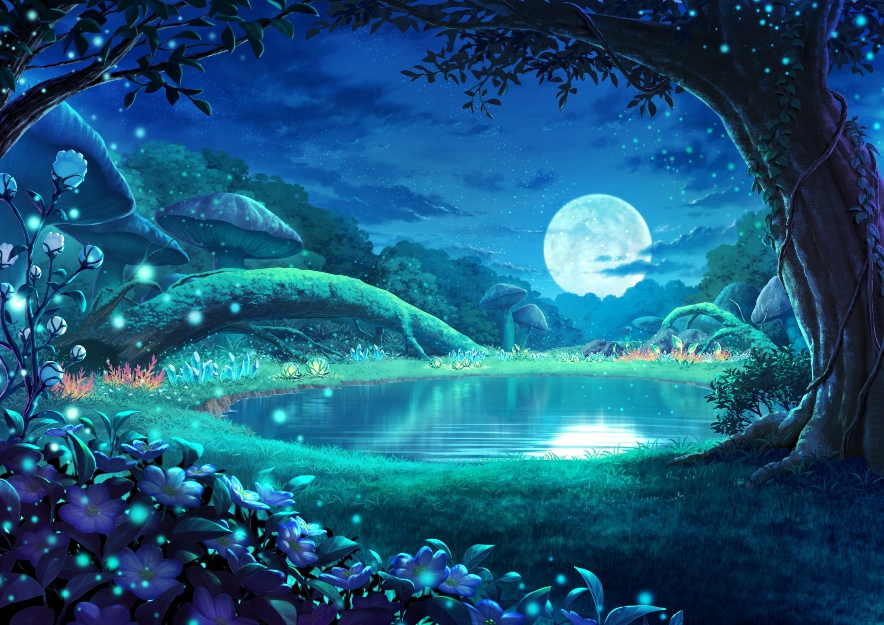 Wallpaper Forest, Anime Landscape, Moonlight, Reflection, Stars, Mushrooms, Night:1772x1254
