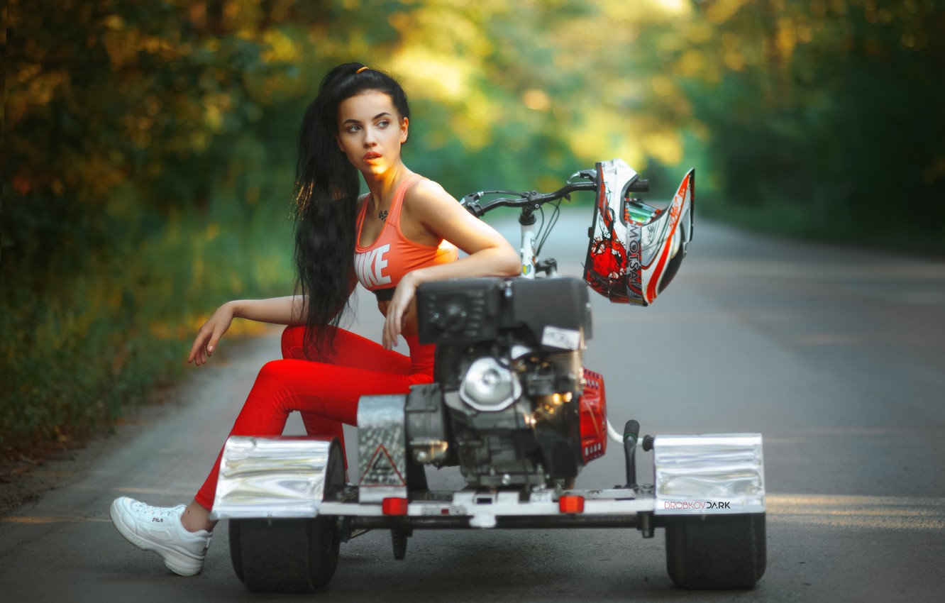 Wallpaper Road, Girl, Pose, Helmet, Angelina Sorokina, Alexander Drobkov Dark, Drift Trike Image For Desktop, Section девушки