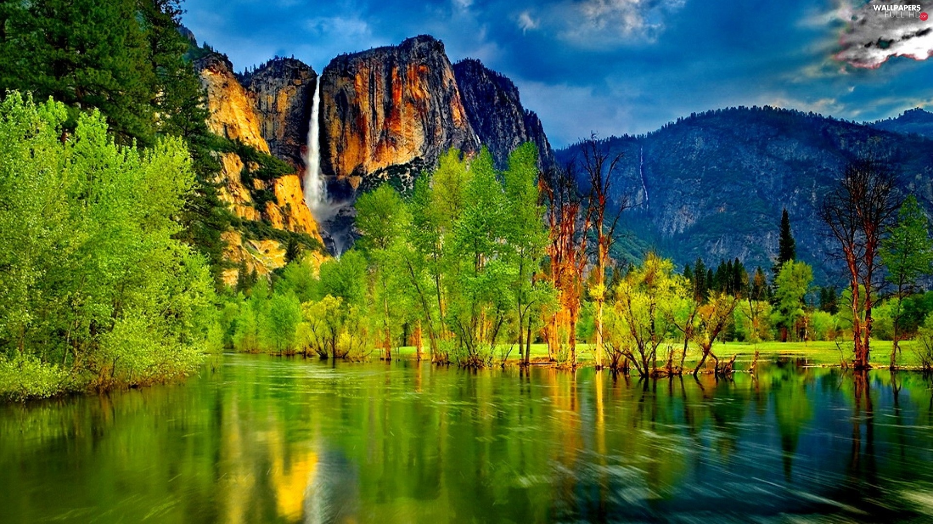 Spring, lake, Mountains, waterfall HD Wallpaper: 1920x1080