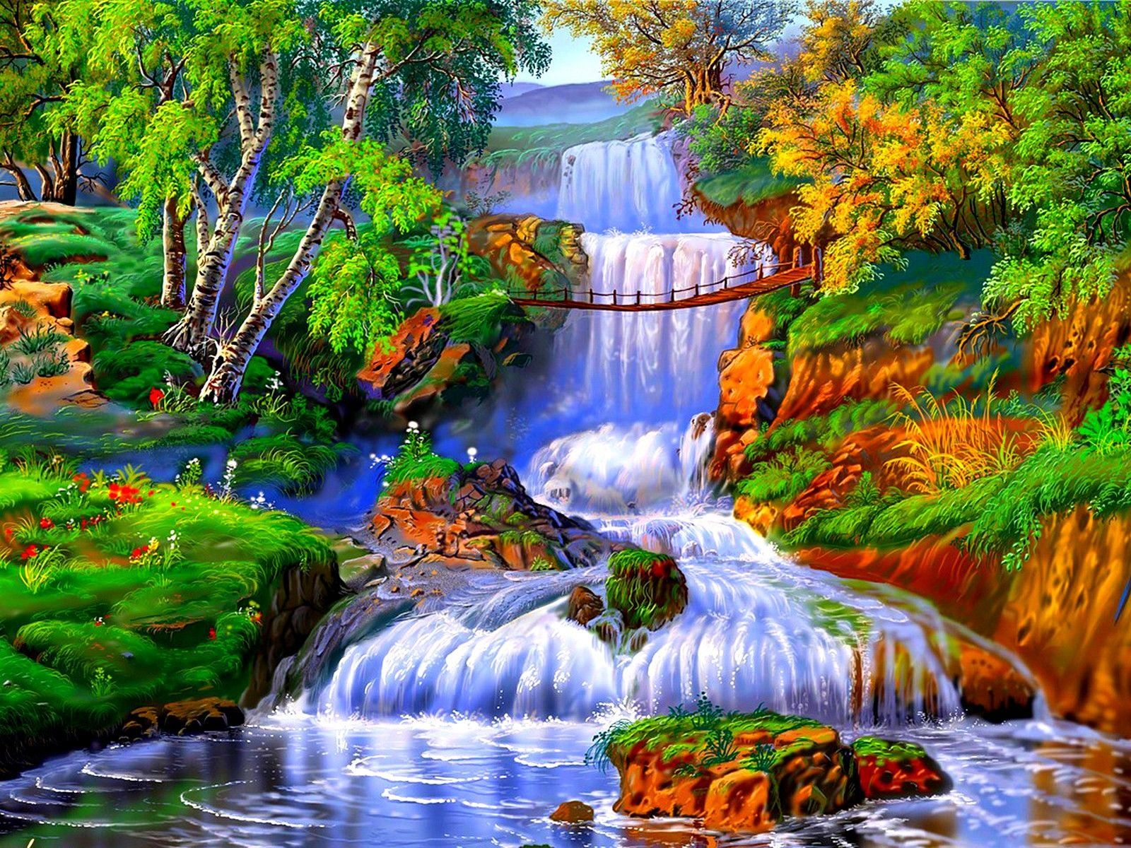 Flower Waterfall Trees Wallpaper