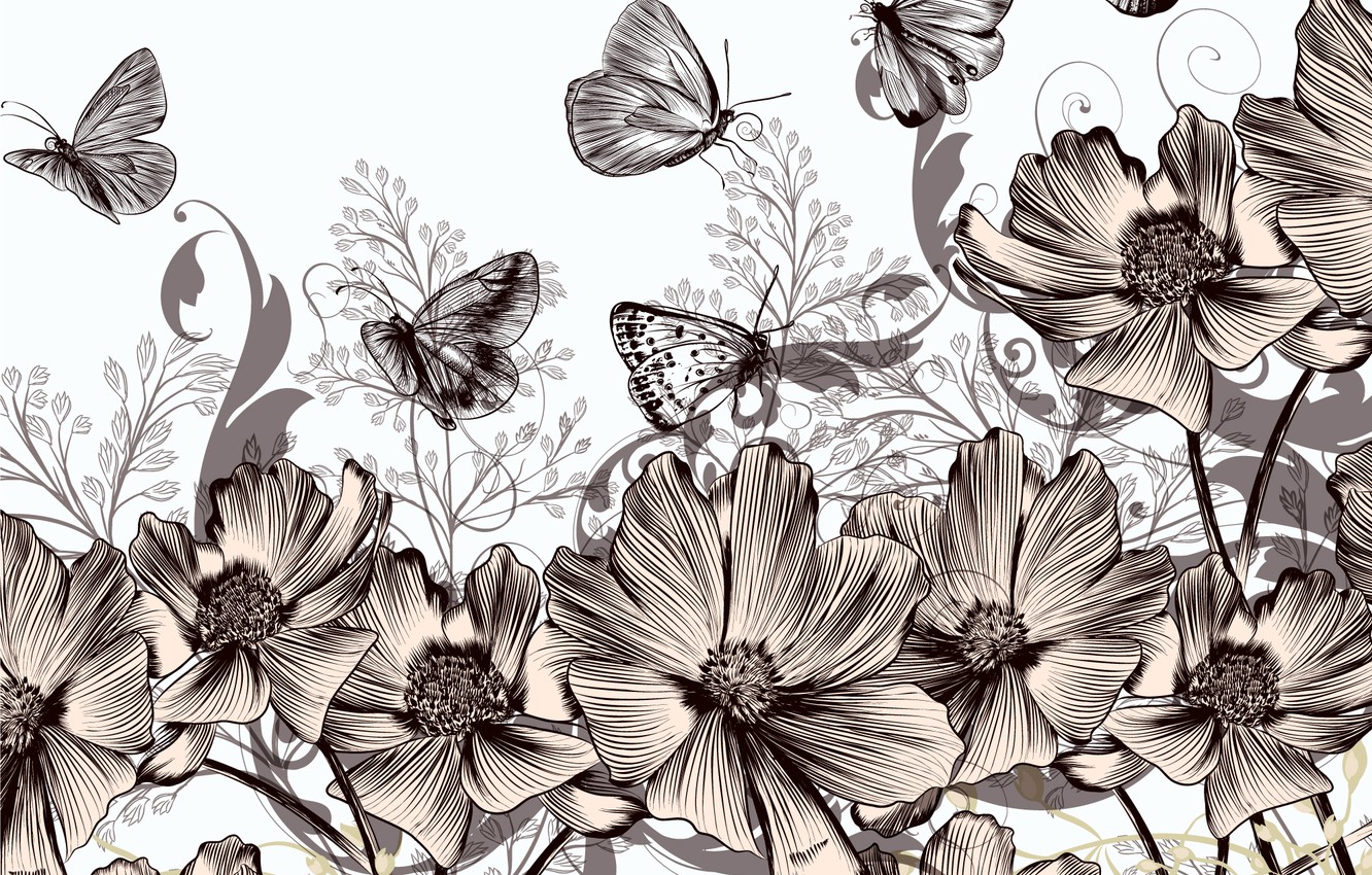 Wallpaper butterfly, flowers, retro, background, vintage image for desktop, section текстуры