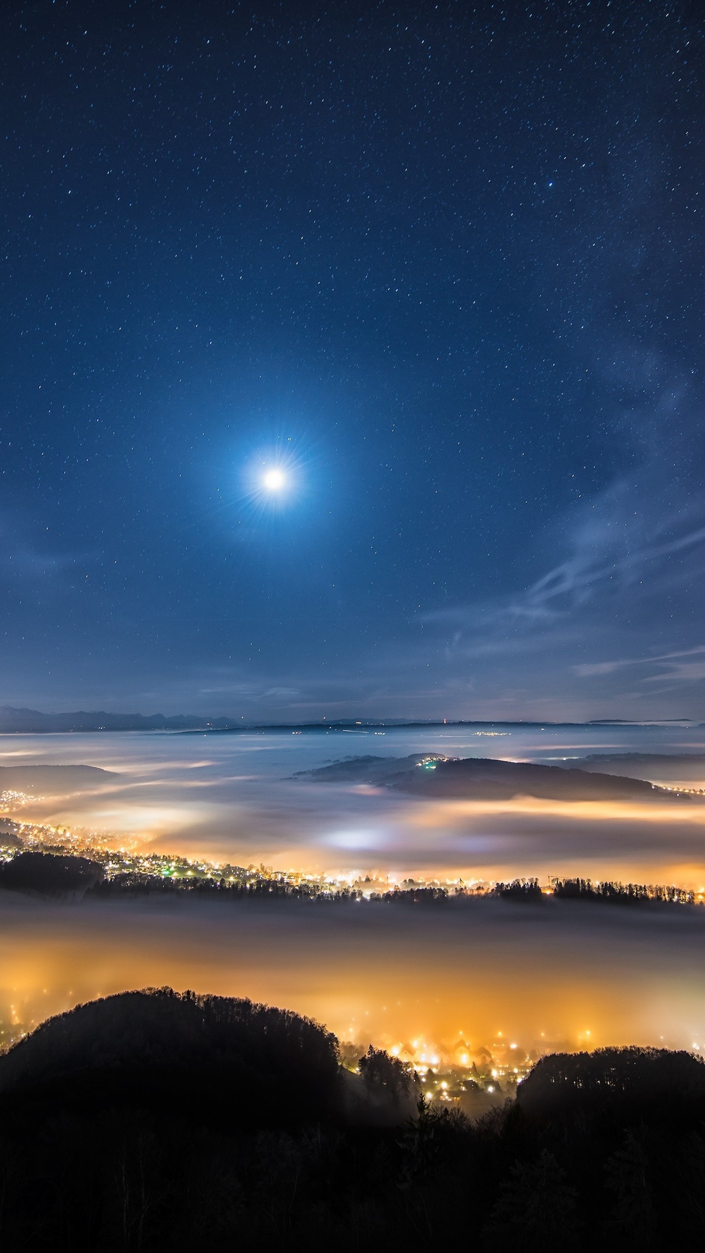 Wallpaper night sky, night city, earth, sky, stars, clouds, light, height, moon, Space