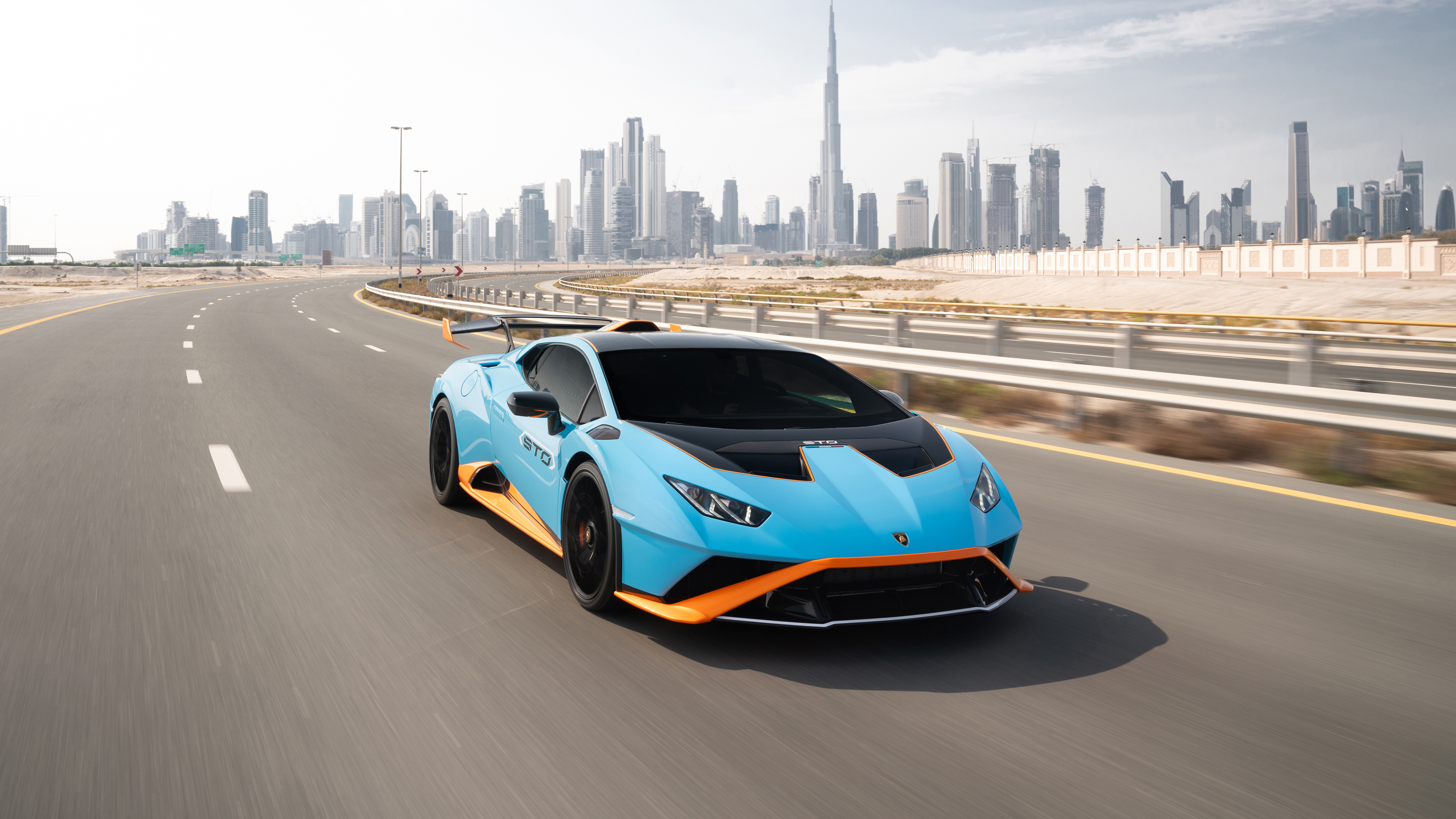 Lamborghini Huracan STO Lamborghini Huracan Super Car Italian Supercars Car Vehicle Road Dubai Blue Wallpaper:3840x2160