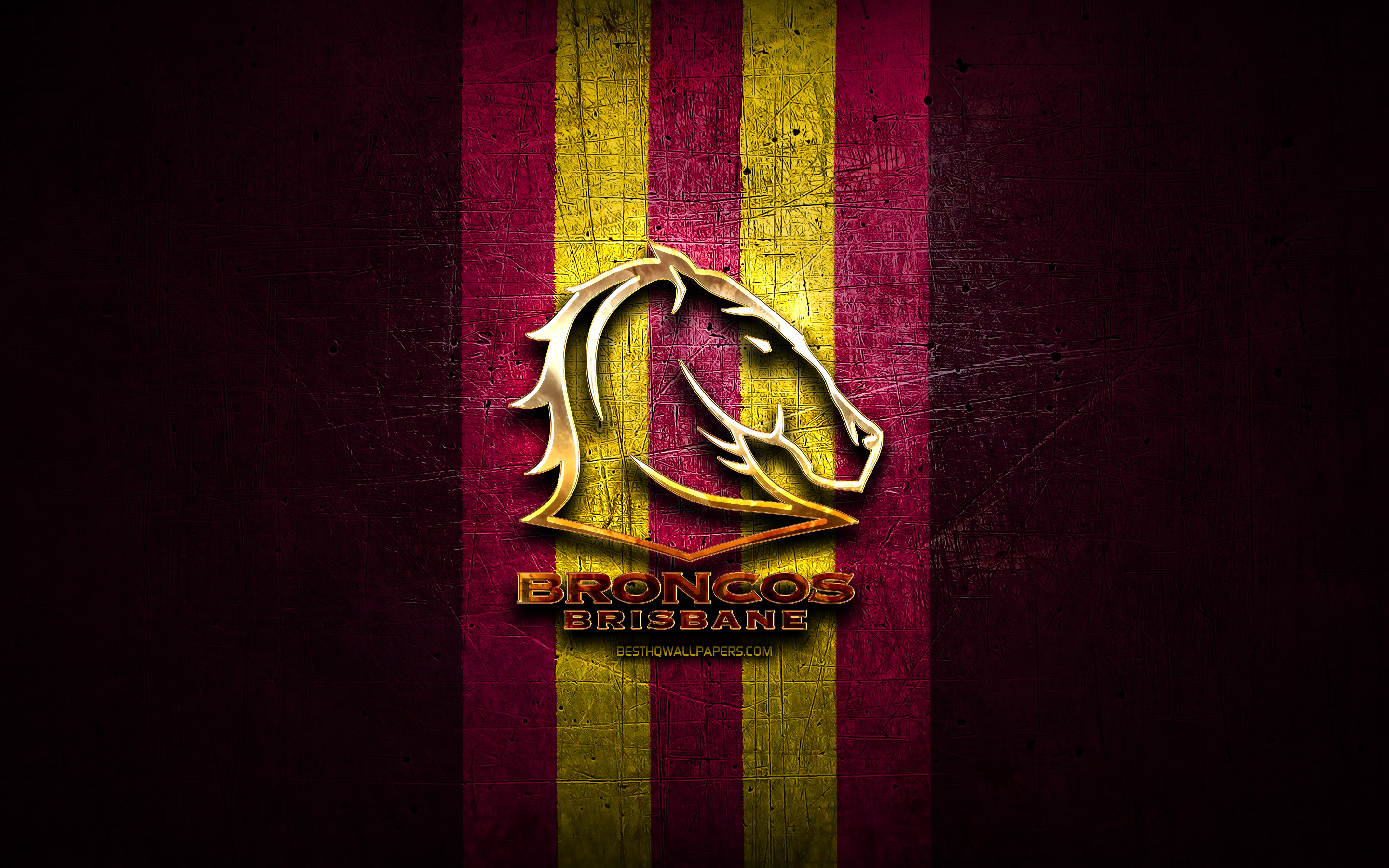 Download wallpaper Brisbane Broncos, golden logo, National Rugby League, purple metal background, australian rugby club, Brisbane Broncos logo, rugby, NRL for desktop with resolution 2880x1800. High Quality HD picture wallpaper
