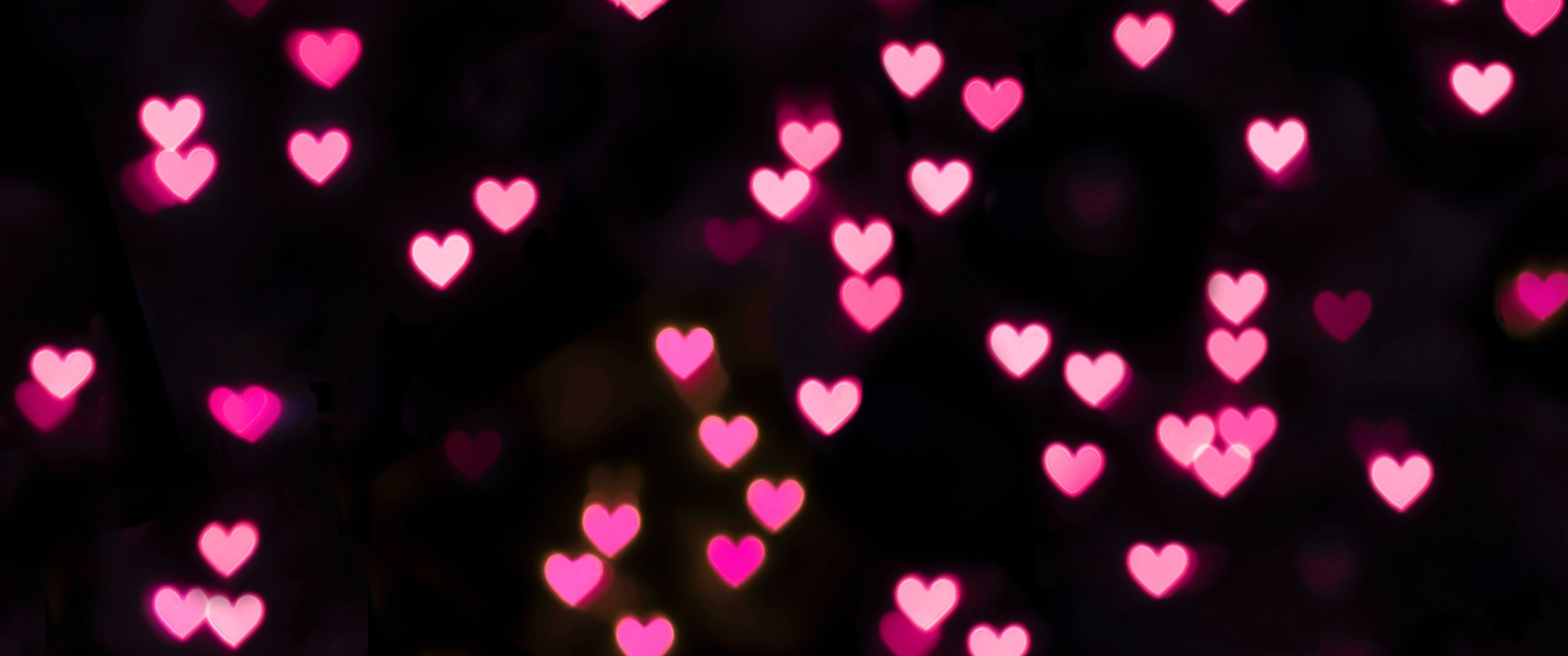 Pink Hearts Wallpaper 4K, Black Background, Bokeh, Glowing Lights, Vibrant, Black Dark