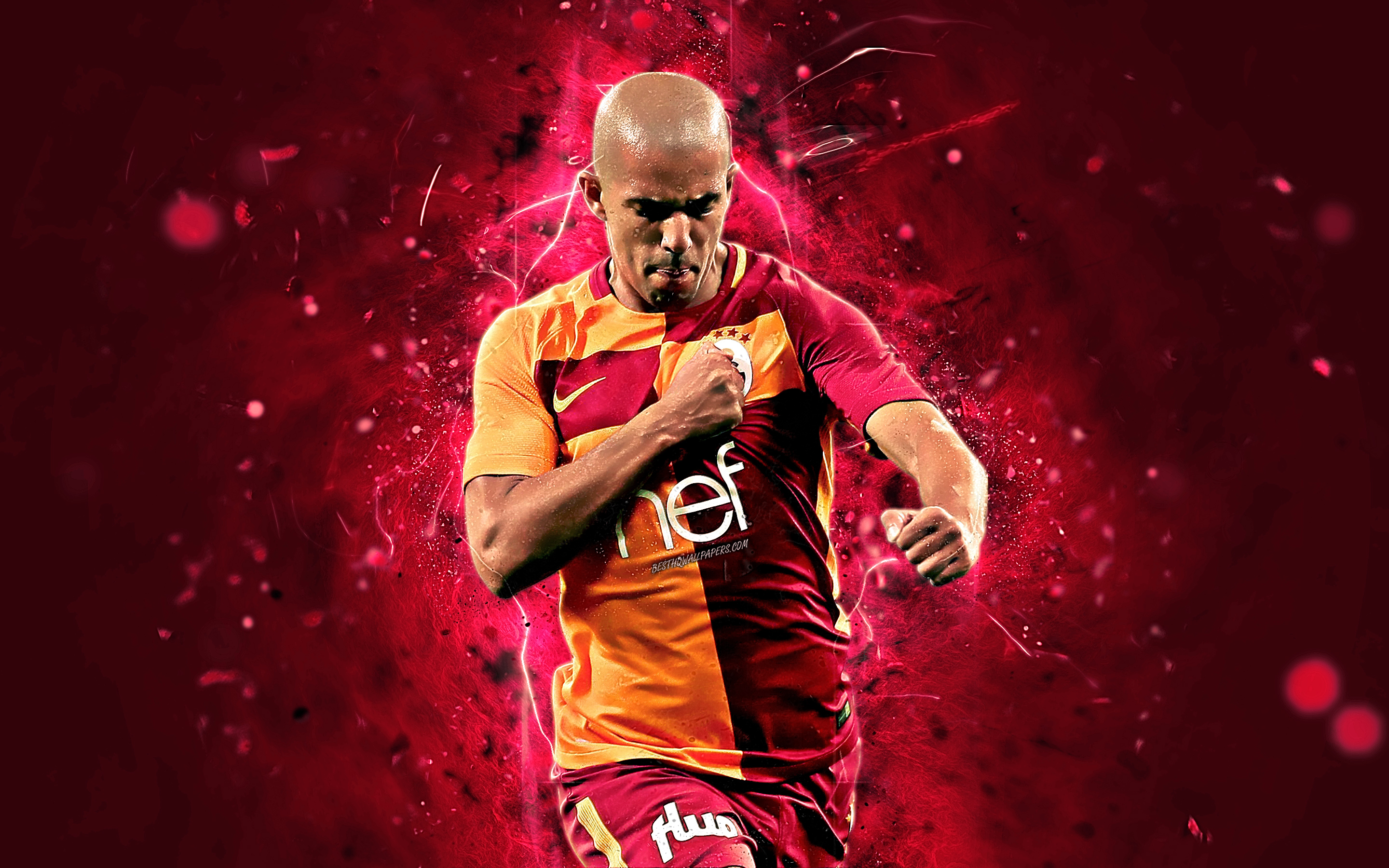 Download wallpaper Sofiane Feghouli, goal, joy, Galatasaray FC, midfielder, Algerian footballers, soccer, Turkish Super Lig, Feghouli, footaball, neon lights for desktop with resolution 2880x1800. High Quality HD picture wallpaper