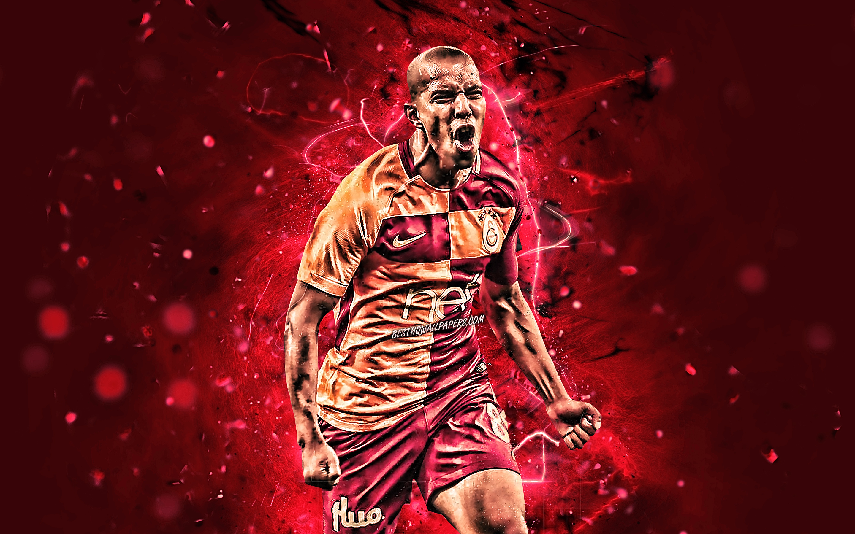 Download wallpaper Sofiane Feghouli, Galatasaray FC, algerian footballers, goal, soccer, midfielder, Turkish Super Lig, fan art, Turkey, Feghouli, footaball, neon lights for desktop with resolution 2880x1800. High Quality HD picture wallpaper