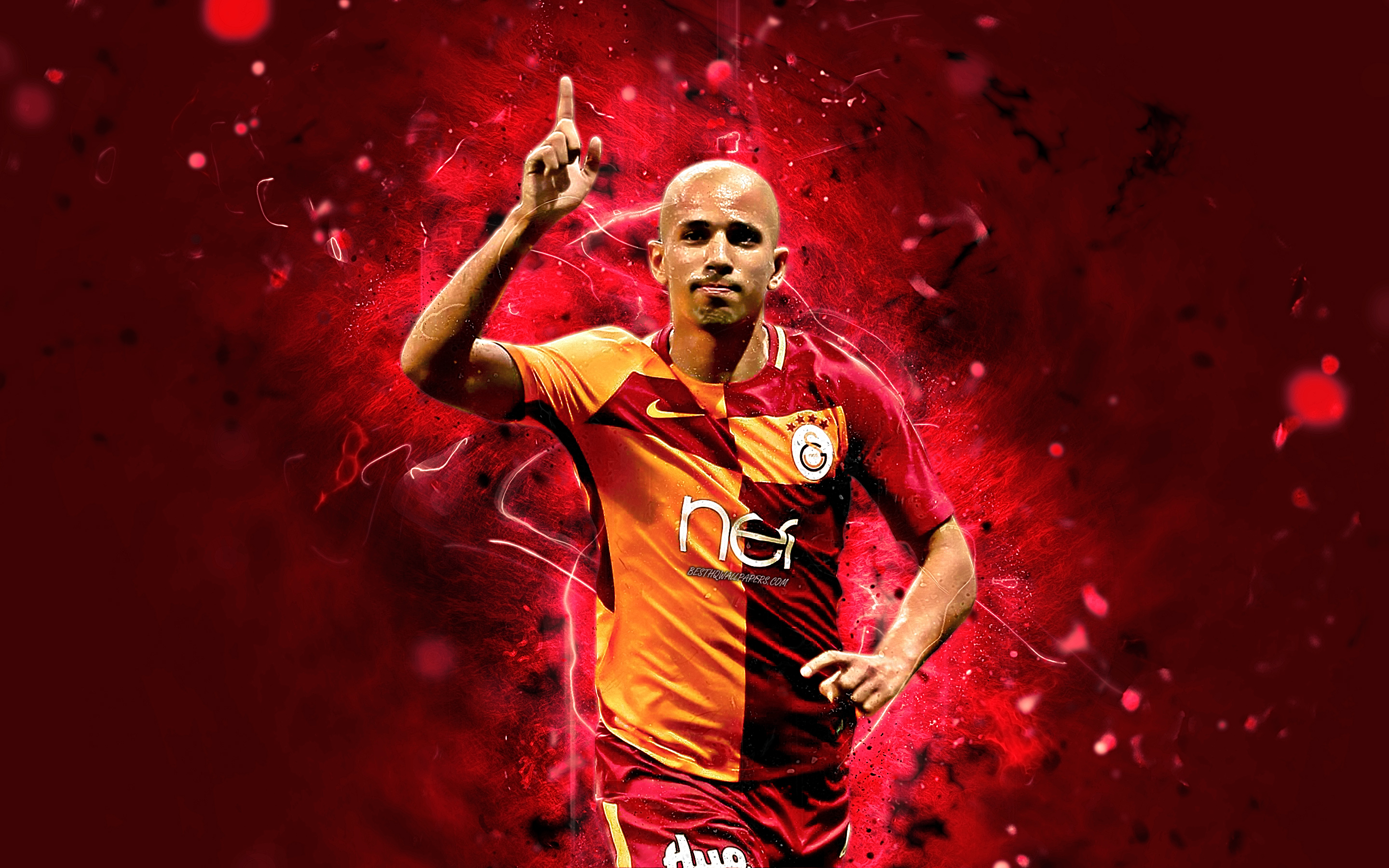 Download wallpaper Sofiane Feghouli, midfielder, Algerian footballers, goal, Galatasaray FC, soccer, Turkish Super Lig, Feghouli, footaball, neon lights for desktop with resolution 2880x1800. High Quality HD picture wallpaper