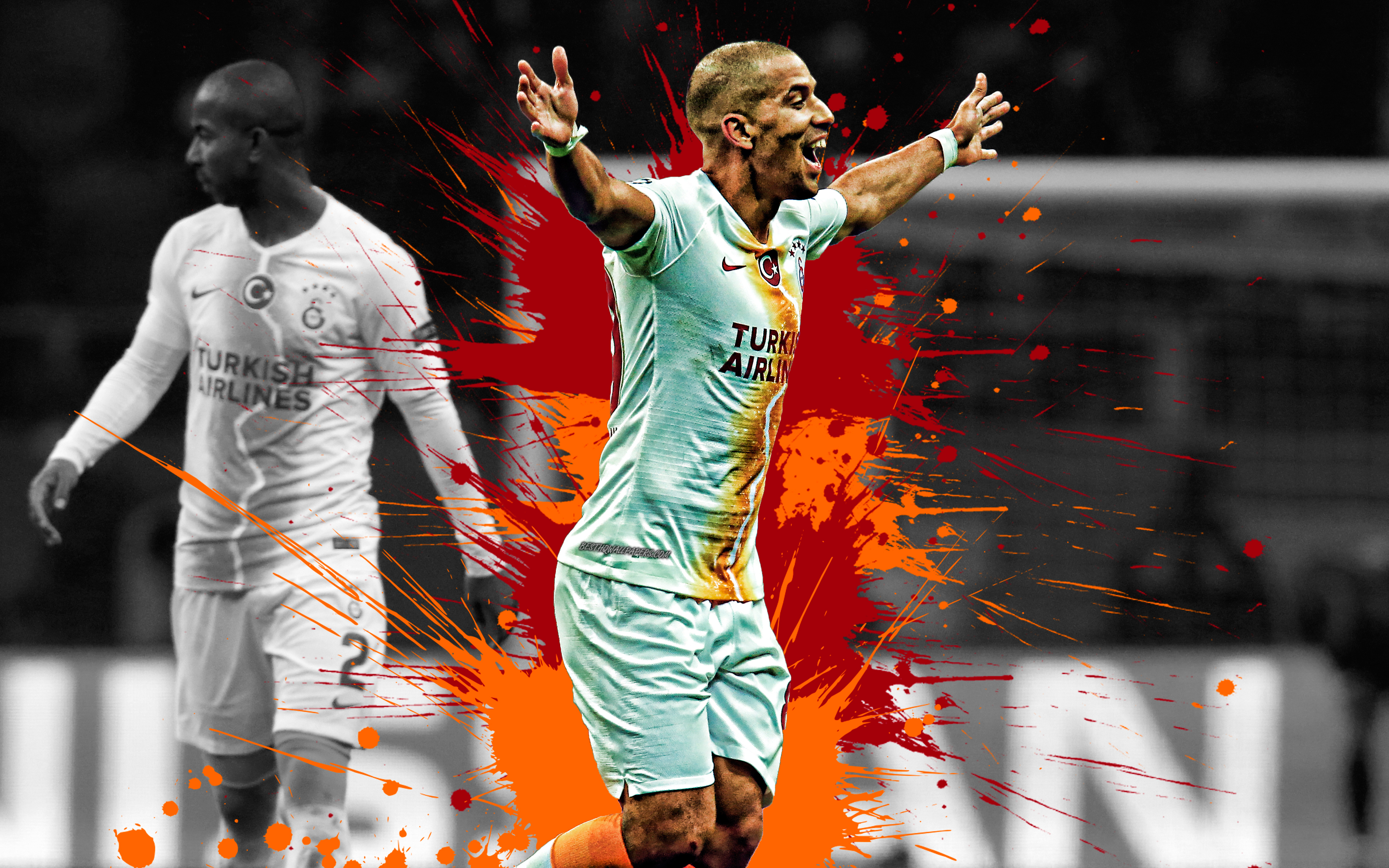 Download Wallpaper Sofiane Feghouli, 4k, Algerian Football Player, Galatasaray, Midfielder, Red Orange Paint Splashes, Creative Art, Turkey, Football, Grunge Art, Feghouli For Desktop With Resolution 3840x2400. High Quality HD Picture Wallpaper