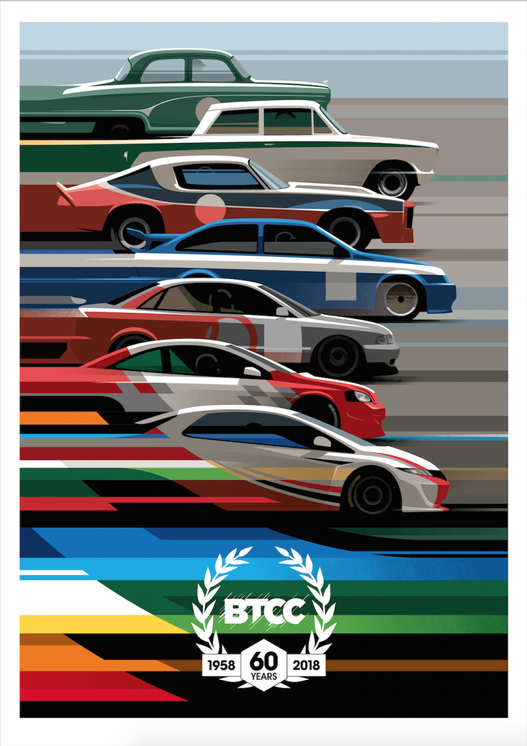 BTCC 60 years print by Guy Allen. Vintage racing poster, Automotive artwork, Car advertising design