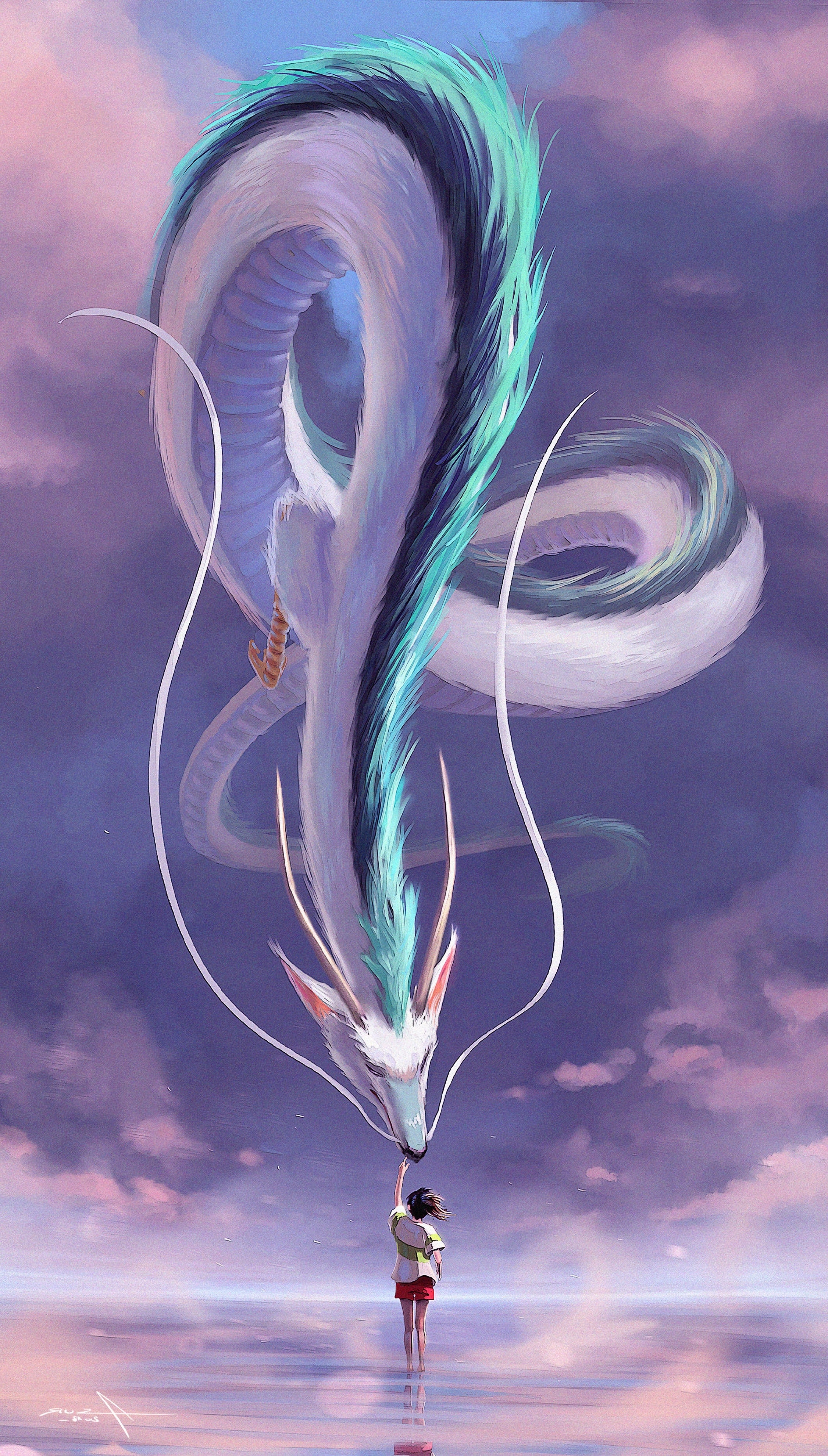 Wallpaper Fantasy Girl, White Dragon Snake, Creature, Sky:2252x3960