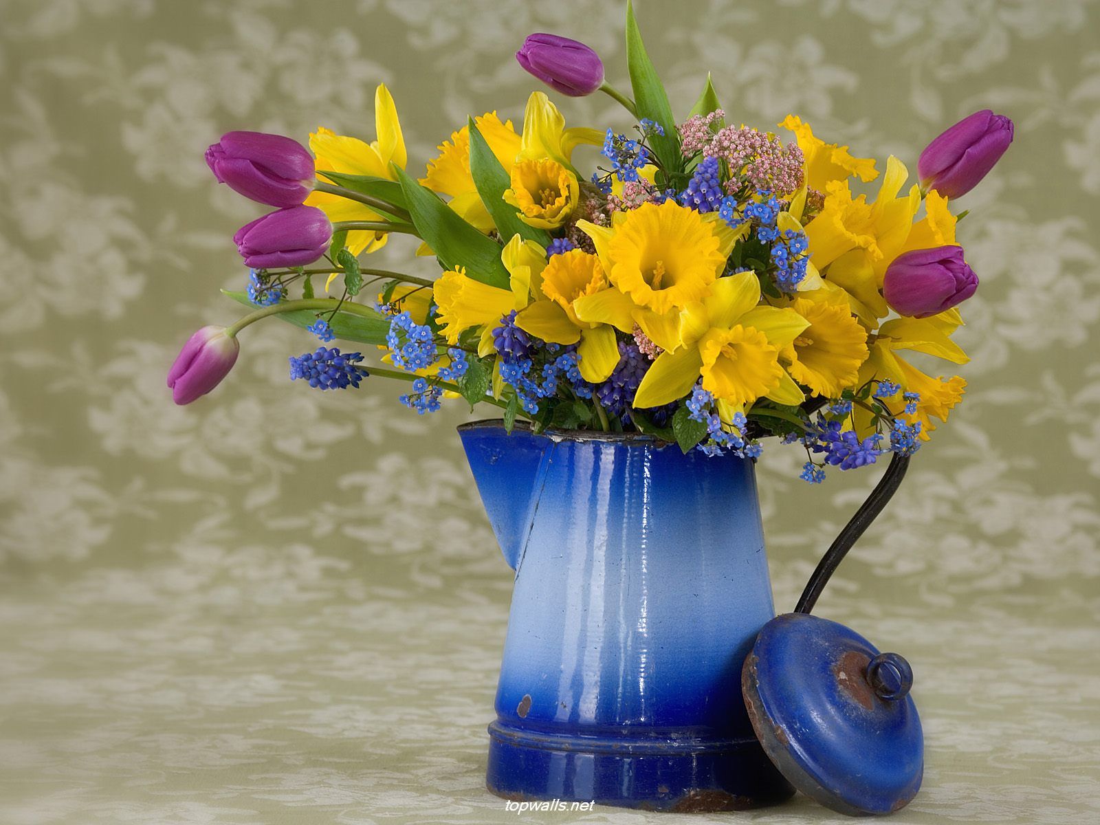 Spring Flowers in Blue Pot Wallpaper and Background Imagex1200