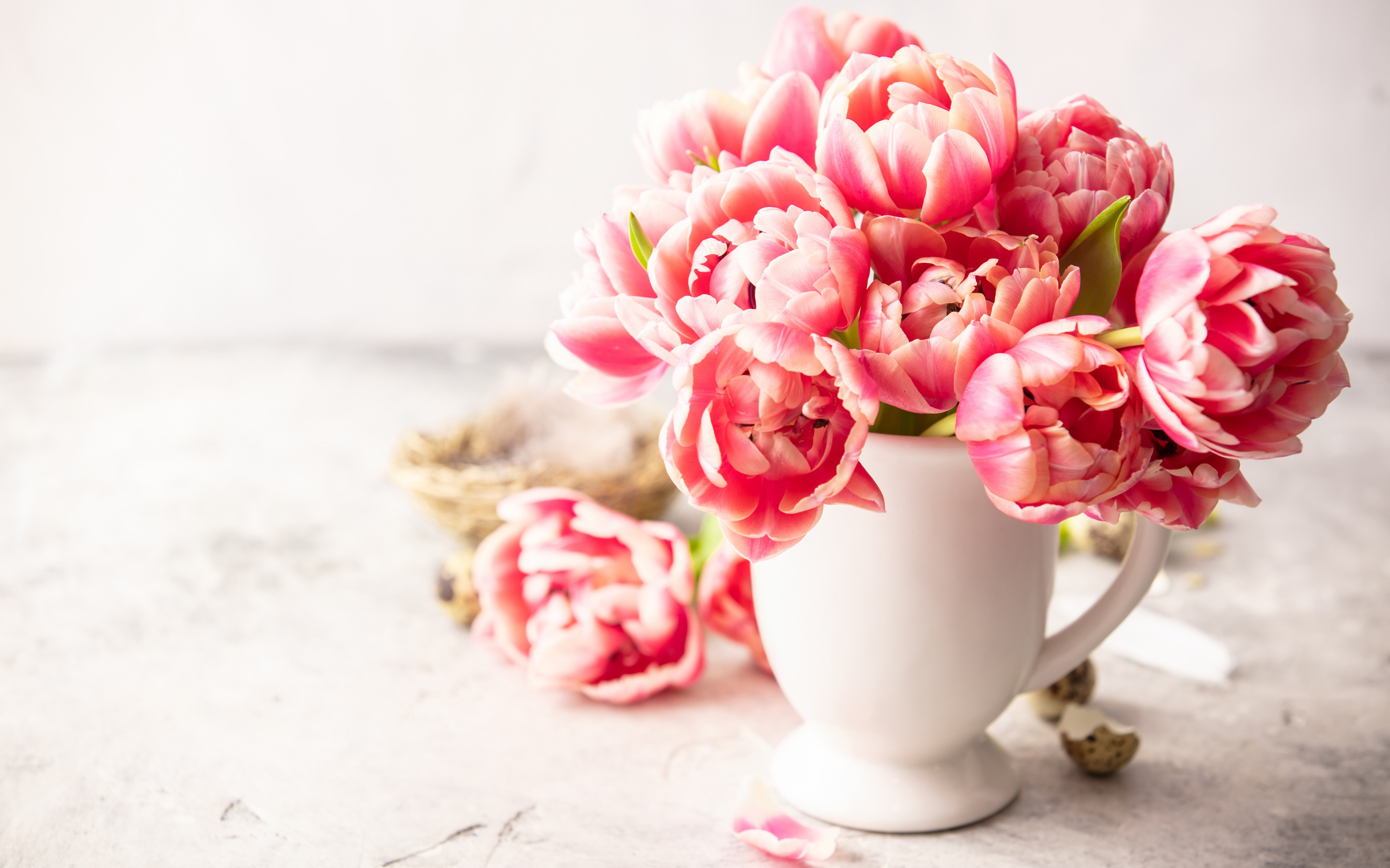 Download wallpaper vase with tulips, spring flowers, tulips, pink tulips, beautiful flowers for desktop with resolution 2880x1800. High Quality HD picture wallpaper