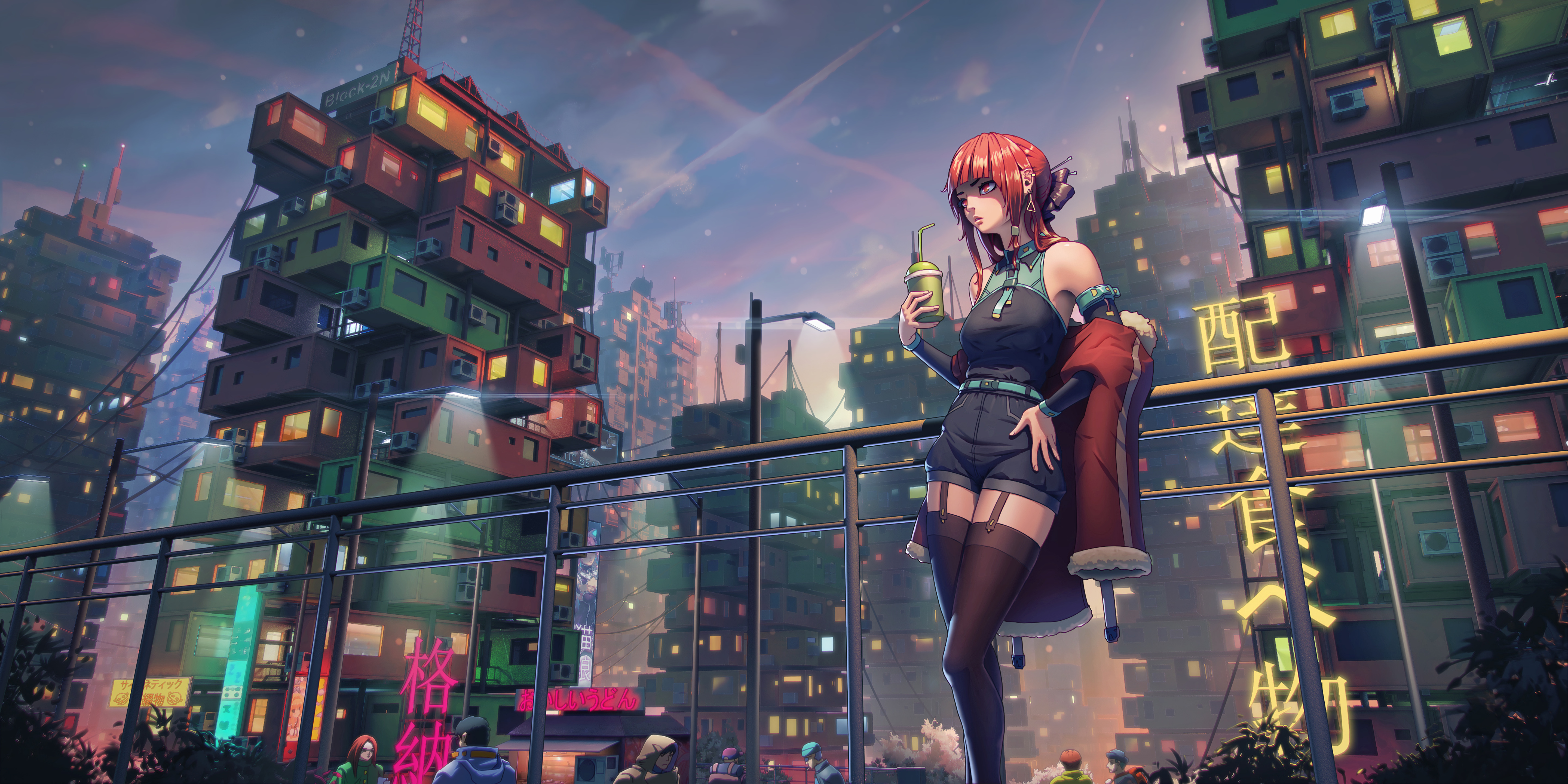 City Cyberpunk 4K Drink Sky Anime Girls VKovpak Wallpaper:5760x2880
