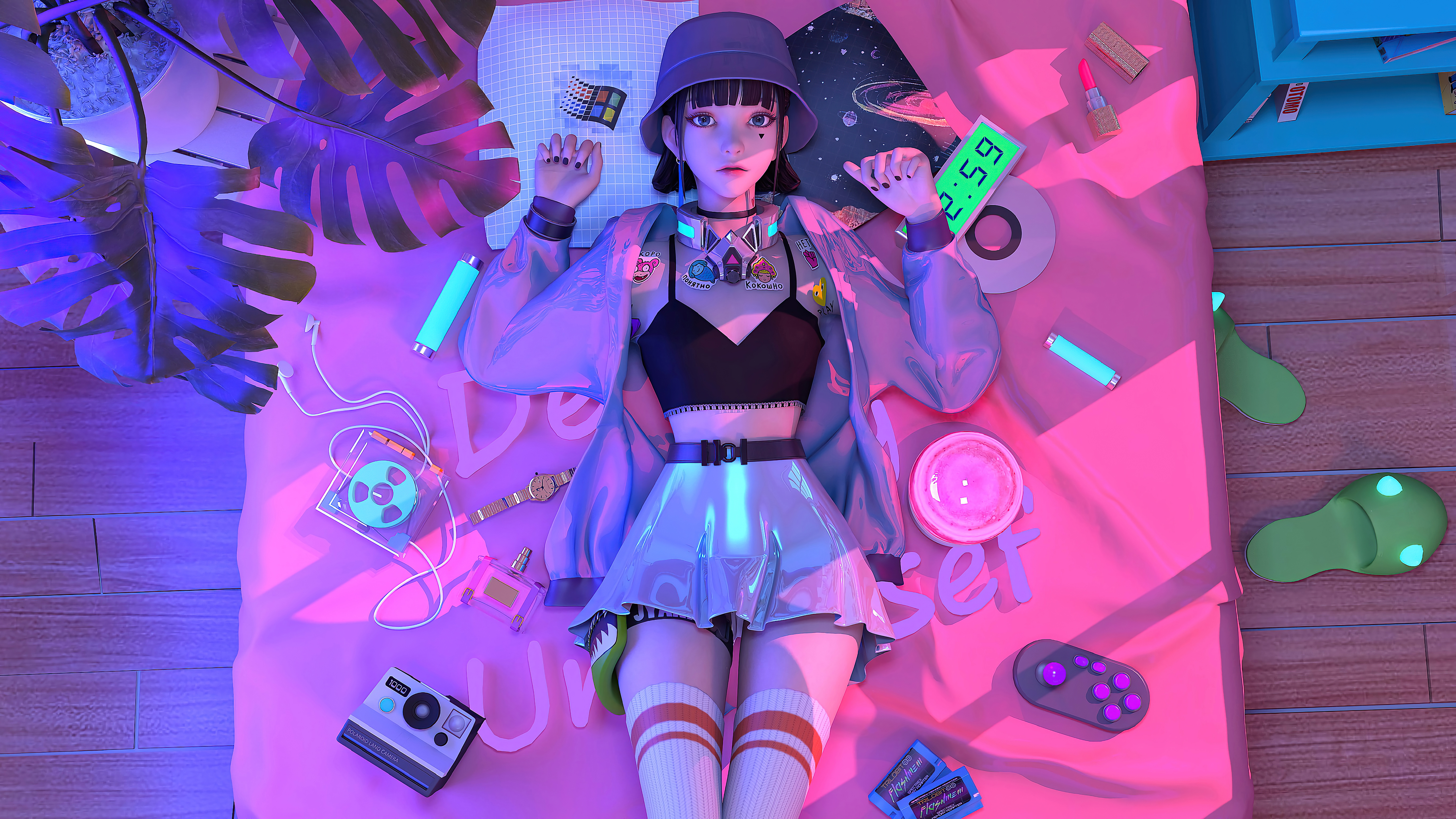 Wallpaper Cyberpunk, Anime, Retro Punk Anime Girl Lying on Bed, Purple, Violet, Background Free Image