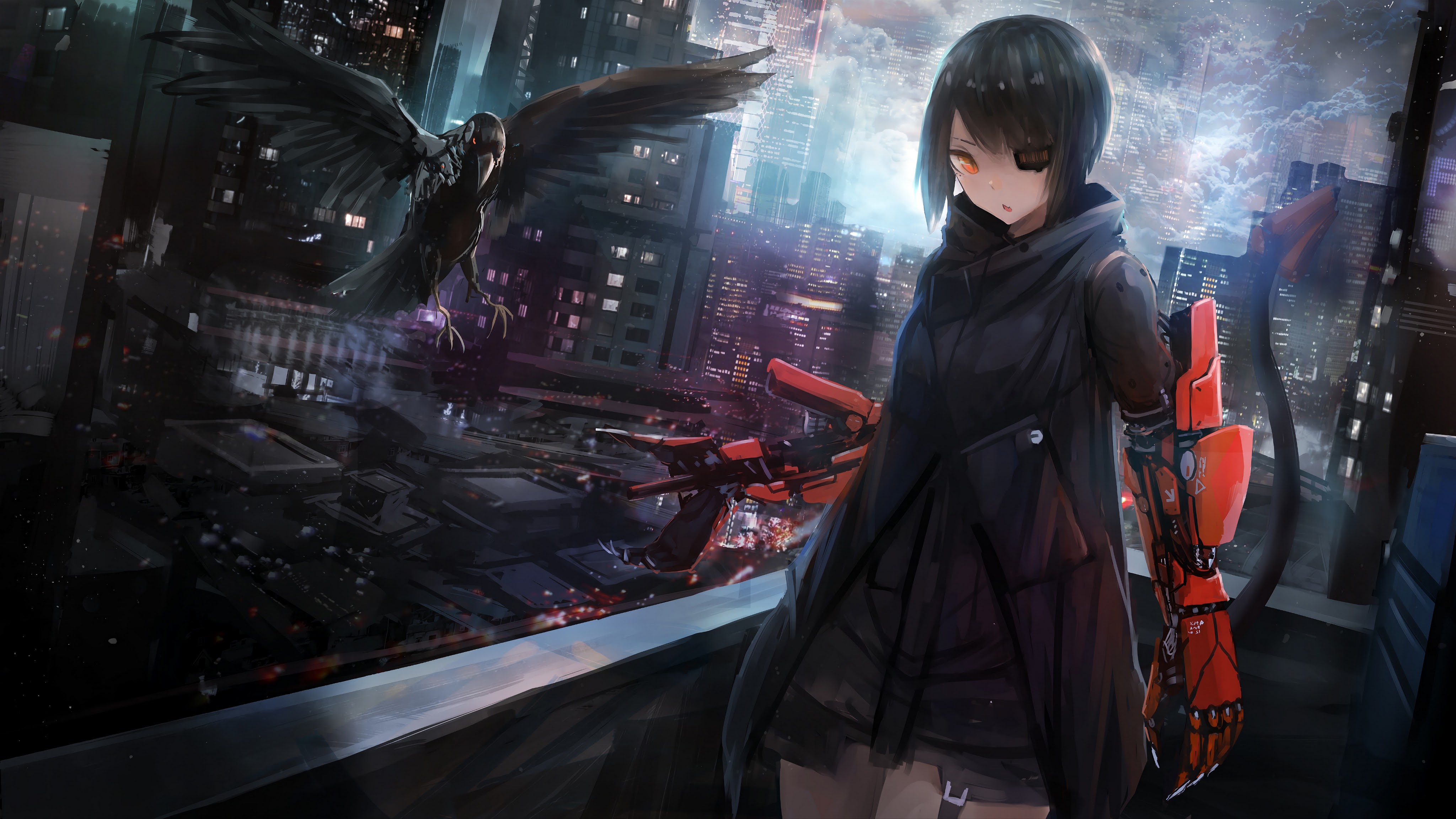Anime Girl Crow Cyberpunk Sci Fi 4K Wallpaper