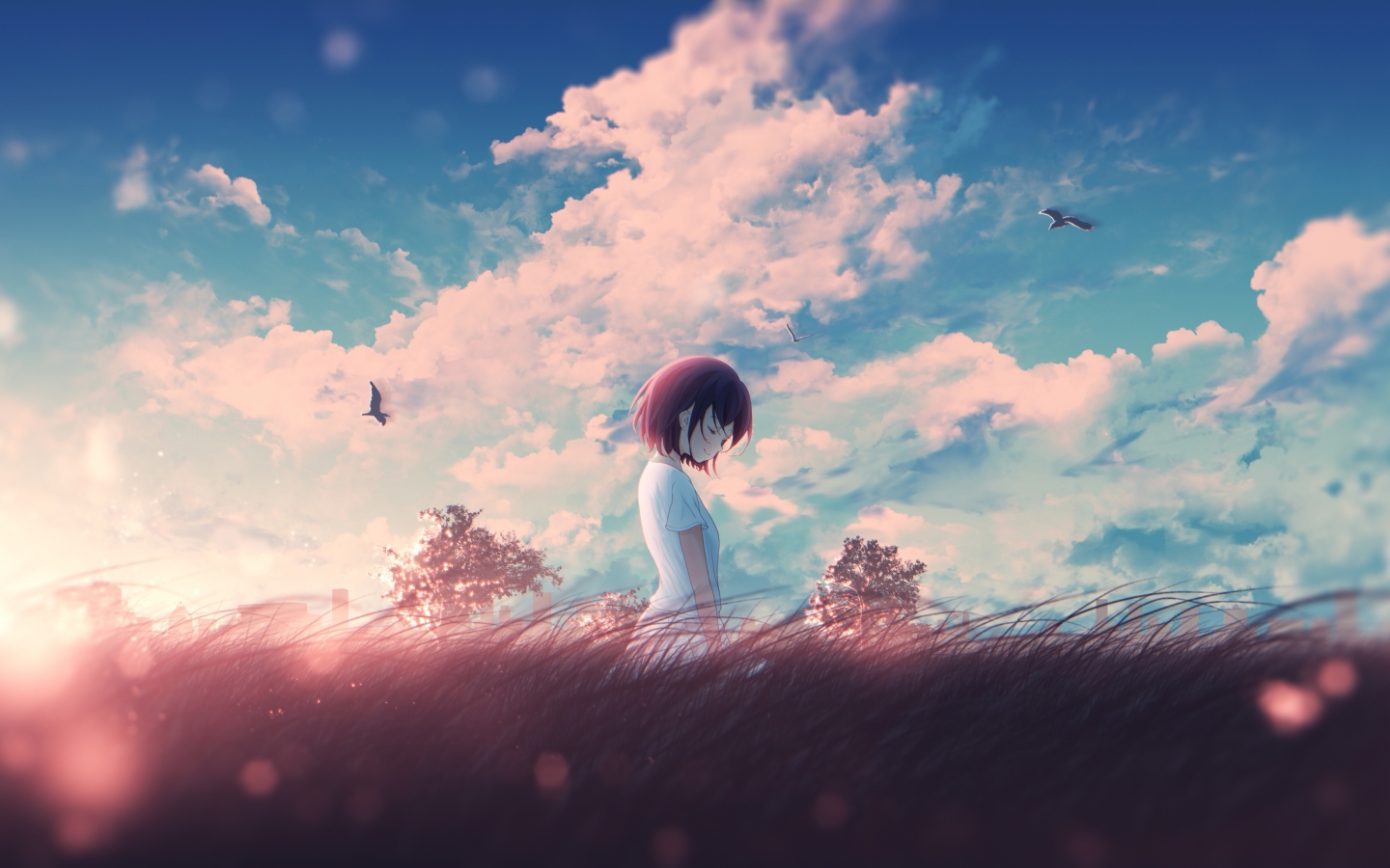 Wallpaper Anime Landscape, Mood, Sunlight, Field, Anime Girl, Relaxing, Clouds, Scenery:3840x2160