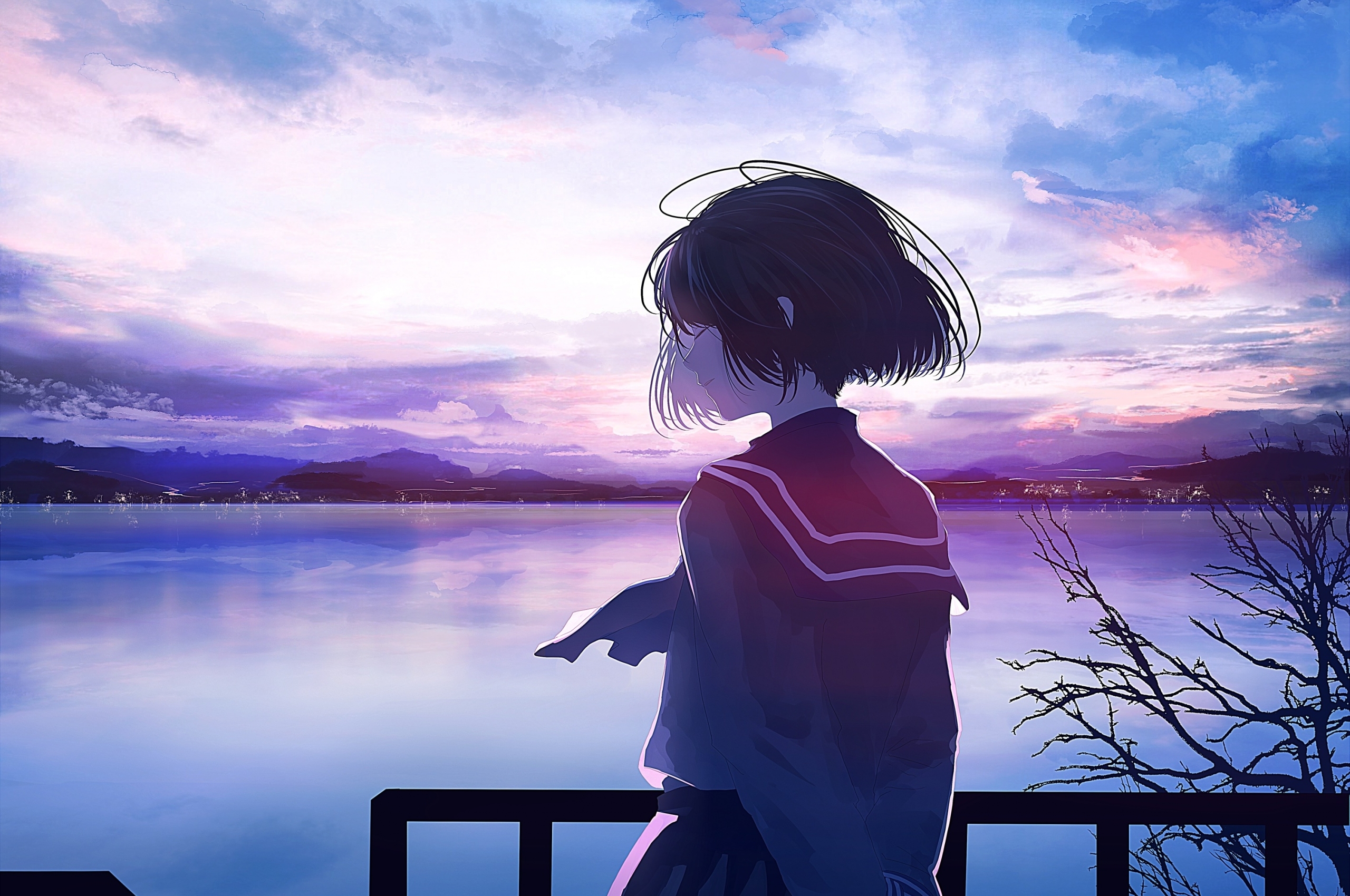 Wallpaper Scenic, Short Hair, School Uniform, Anime Girl, Anime Landscape, Clouds:3000x2121