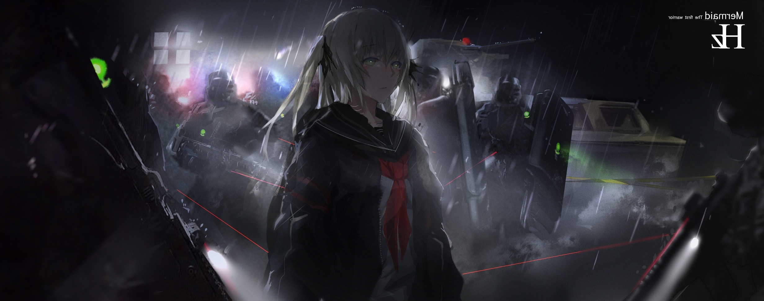 Wallpaper Soldiers, Anime Girl, Guns, Raining, Dark Theme:2463x972