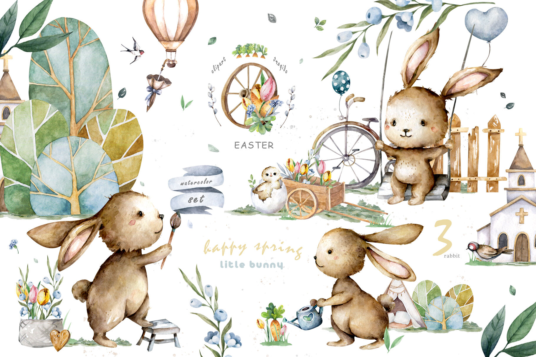 Happy Easter Spring Watercolor Set Cute bunnies By Ann Art House