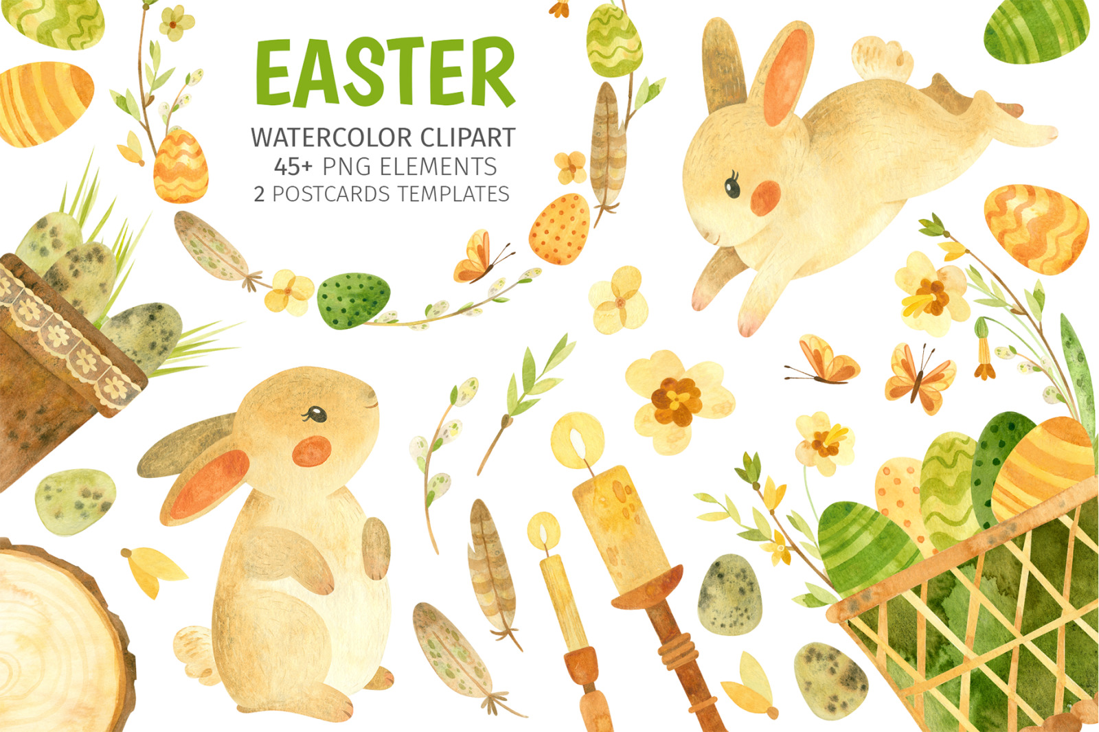 Watercolor clipart with Easter bunny, eggs, spring flowers in Illustrations on Yellow Image Creative Store