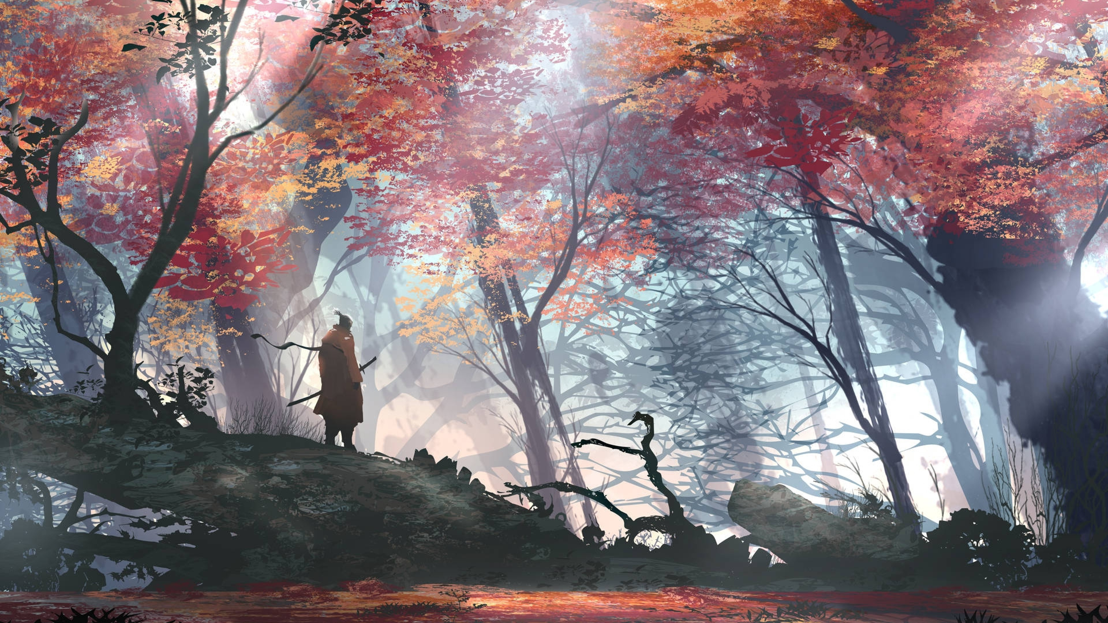 Download 3840x2160 Anime Man, Samurai, Autumn, Scenic, Forest, Sword, Trees Wallpaper for UHD TV