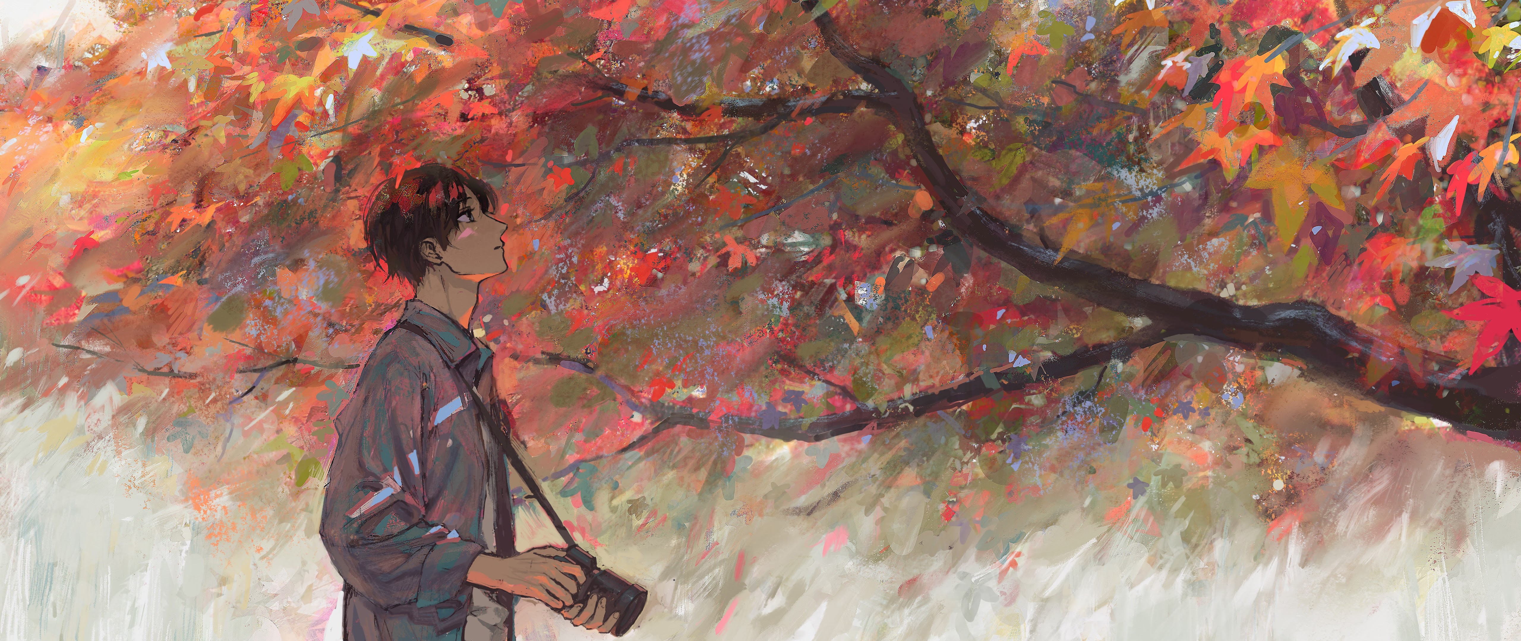 Anime Guy Photographer Maple Tree Autumn PC DeskK Wallpaper free Download