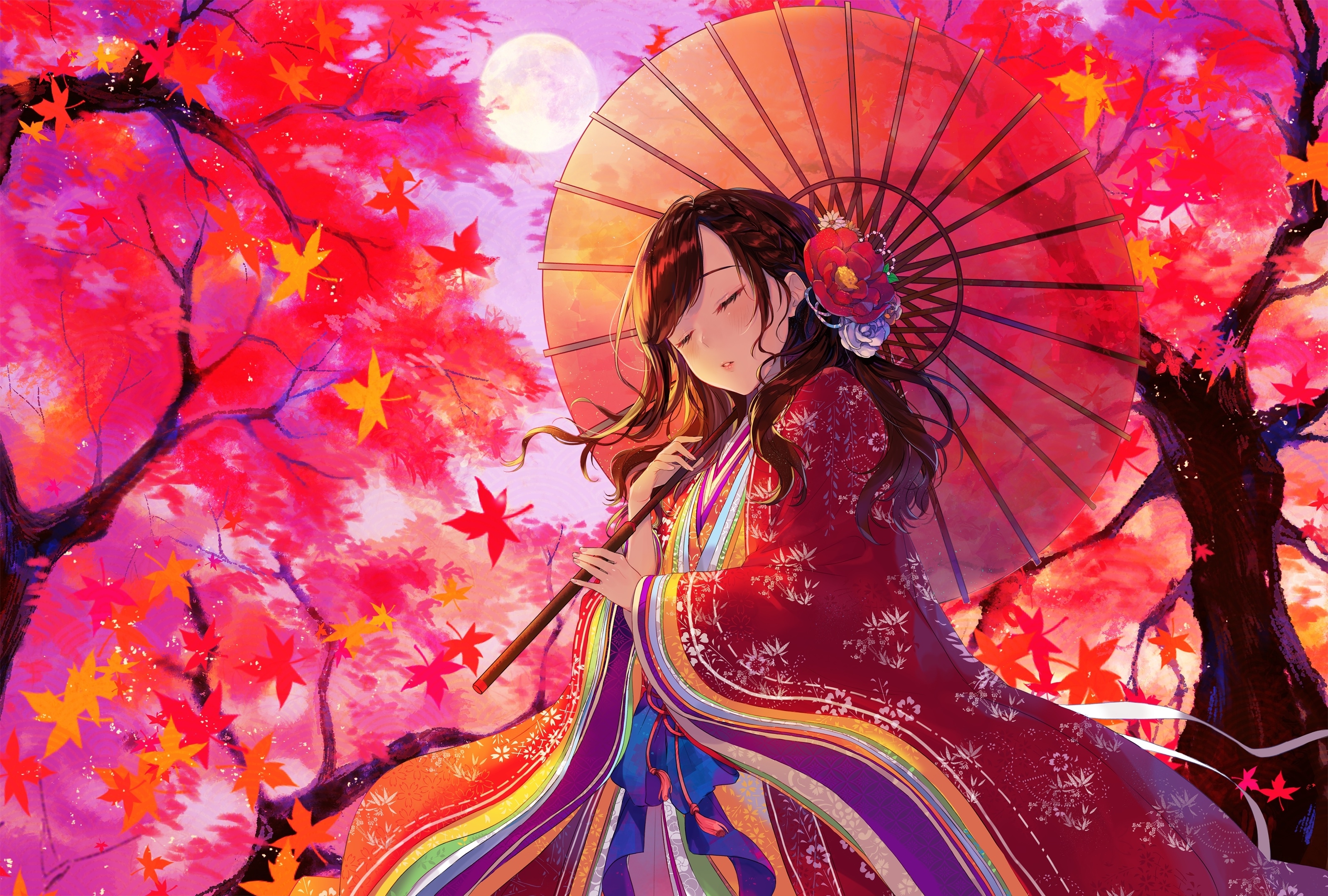 Wallpaper Moon, Pretty, Brown Hair, Umbrella, Braid, Anime Girl, Autumn:3200x2160