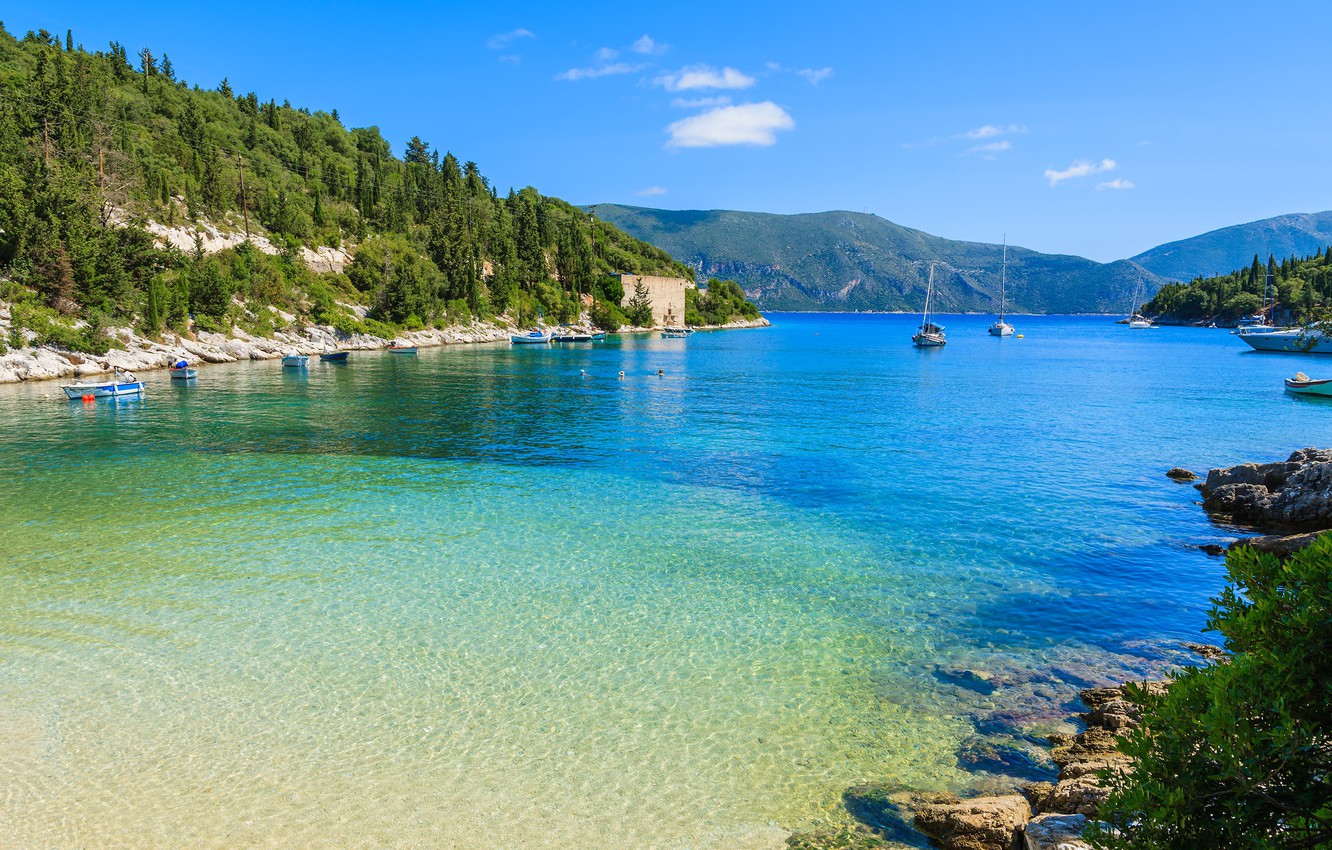Wallpaper sea, coast, Bay, yachts, Kefalonia image for desktop, section пейзажи