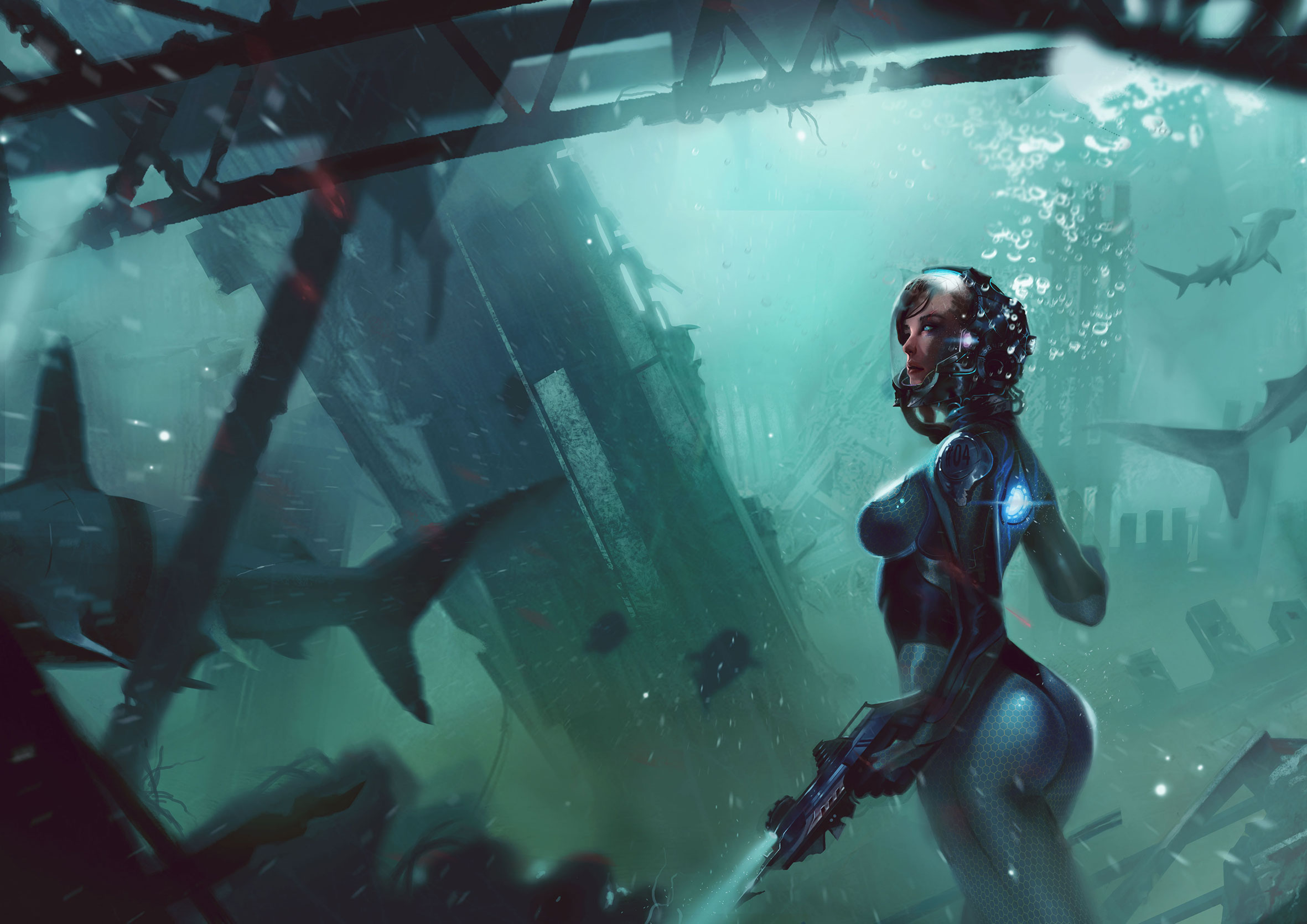 Shark Underwater and Woman Warrior HD Wallpaper