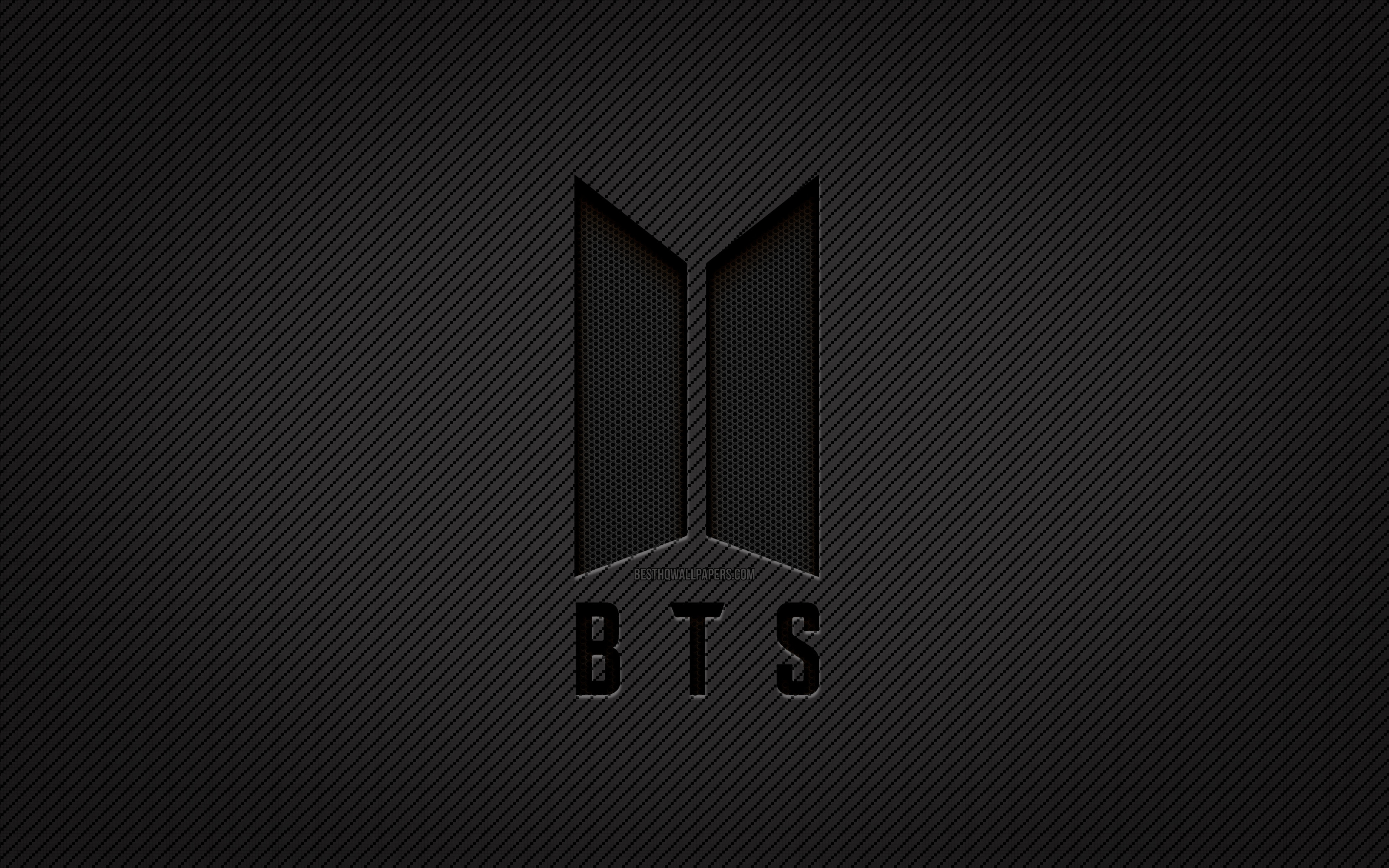 Download wallpaper BTS carbon logo, 4k, grunge art, carbon background, Bangtan Boys, creative, BTS black logo, music stars, BTS logo, BTS, Bangtan Boys logo for desktop with resolution 3840x2400. High Quality HD