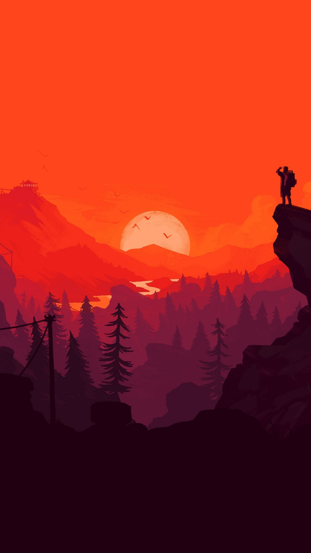 Download 1080x1920 Flat Landscape, Illustration, Sunset, Cliff, Man Hiking, Red Sky, Digital Art Wallpaper for iPhone iPhone 7 Plus, iPhone 6+, Sony Xperia Z, HTC One