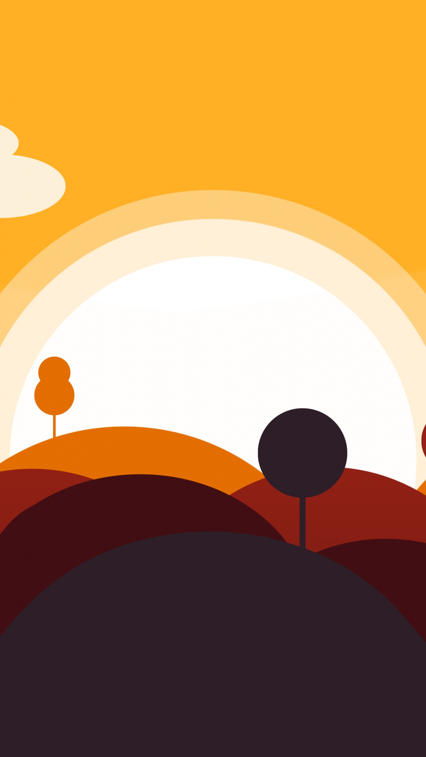 Vector Landscape Wallpaper 4K, Digital Art, Sun, Clouds, Rolling hills, Flat, Minimal