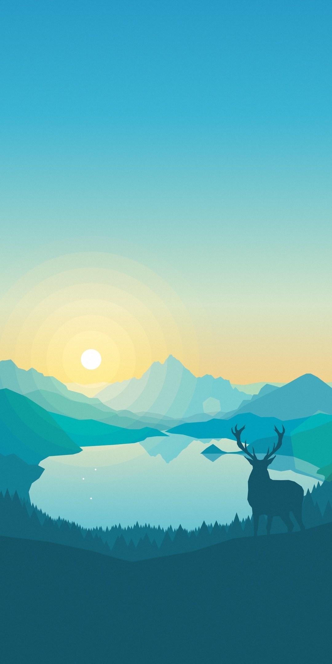 Wallpaper Digital Art, Flat Landscape, Mountains, Deer, Minimalism, Lake:3840x2160