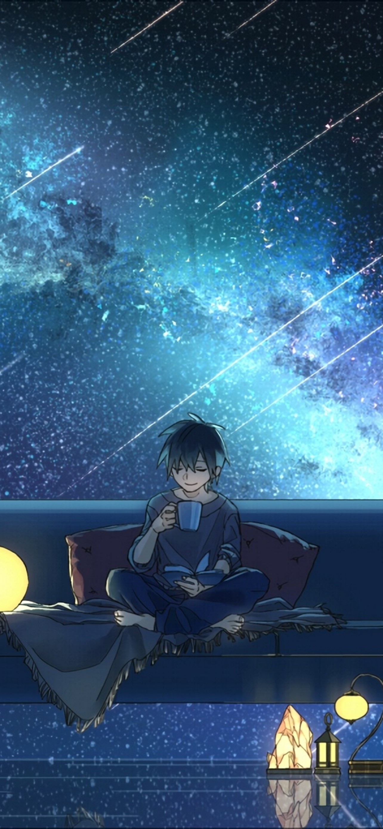 Download 1284x2778 Anime Boy, Anime Landscape, Starry Sky, Night, Scenery, Barefoot, Drink, Faling Stars Wallpaper for iPhone 12 Pro Max