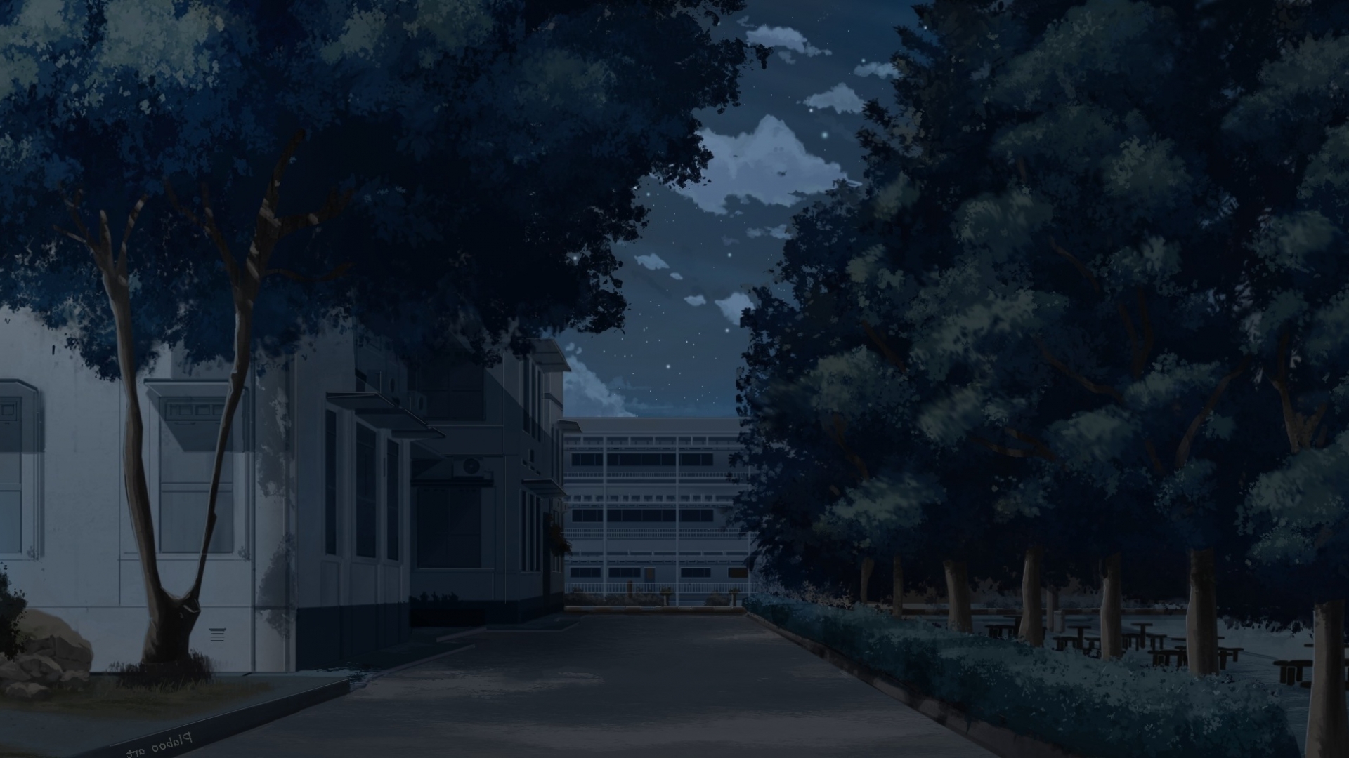 Wallpaper Trees, School Background, Building, Anime Night, Scenery:2247x1100