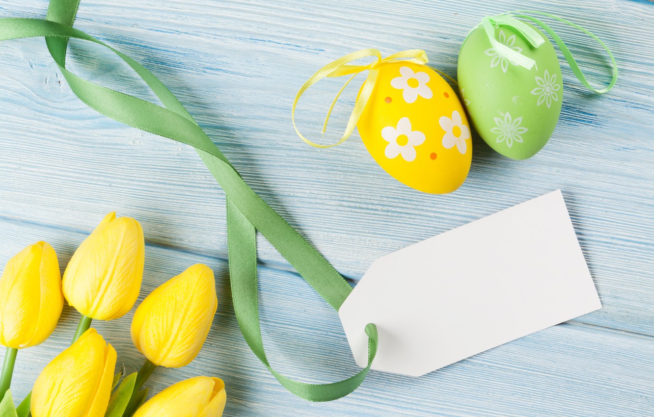 Wallpaper Easter, tulips, yellow, tulips, spring, eggs, Happy Easter, Easter eggs image for desktop, section праздники