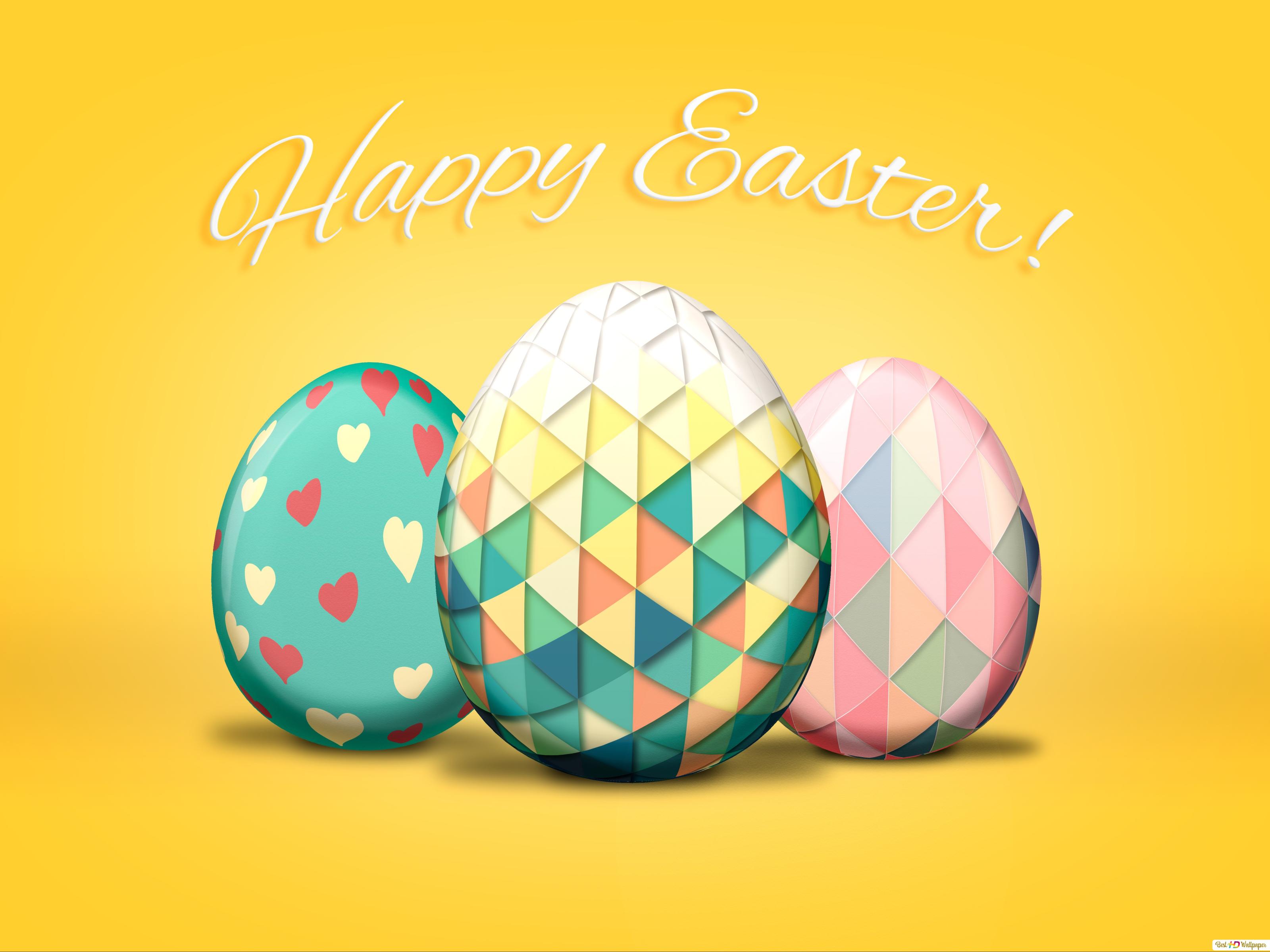 Happy Easter! greeting with artistic eggs and yellow background HD wallpaper download