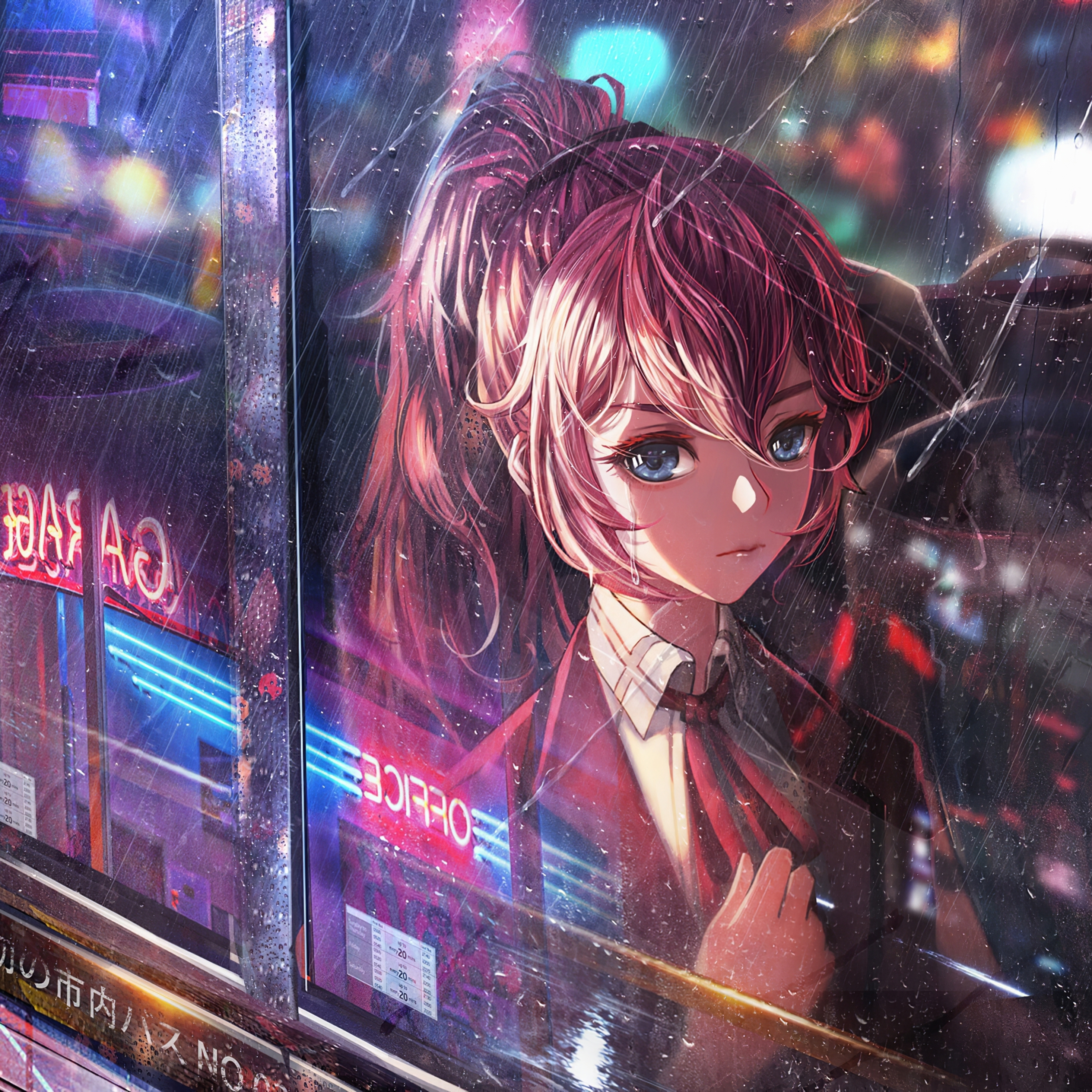 Anime Girl Bus Window Neon City 4k iPad Pro Retina Display HD 4k Wallpaper, Image, Background, Photo and Picture