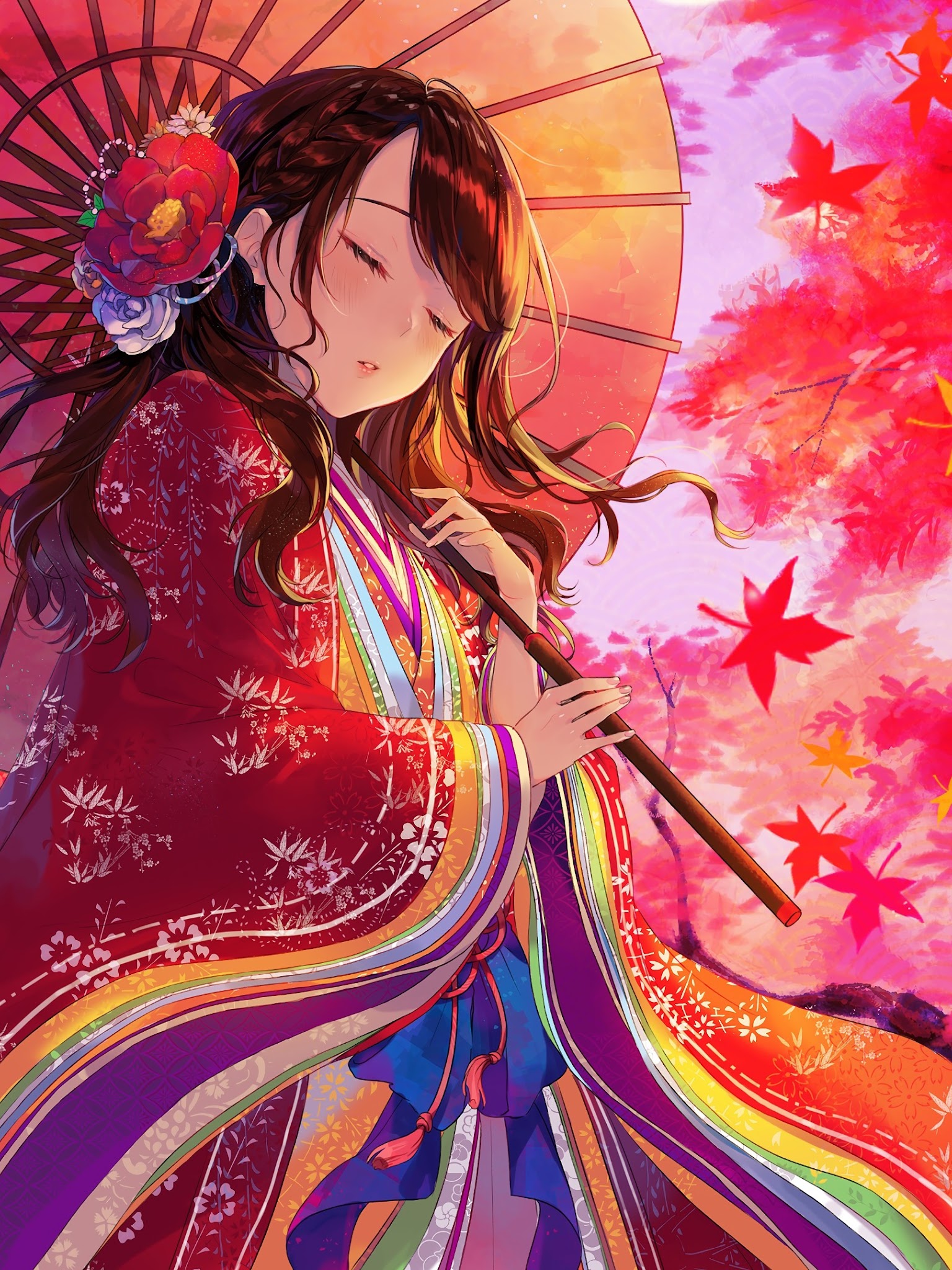 Anime Girl Kimono Maple Trees Autumn 4K Wallpaper