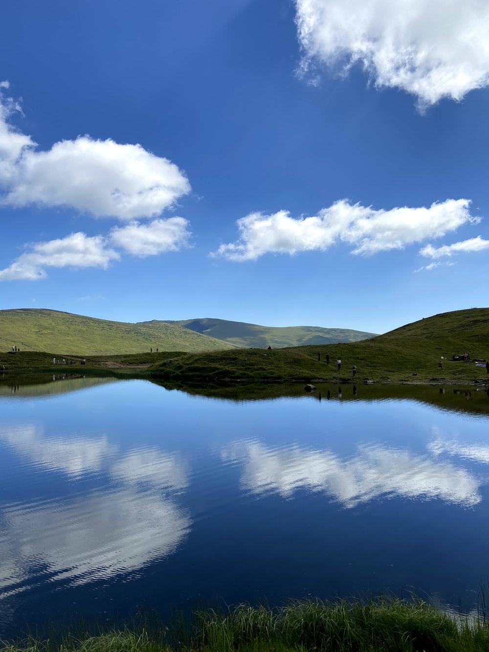 blue sky over lake and brown field photo