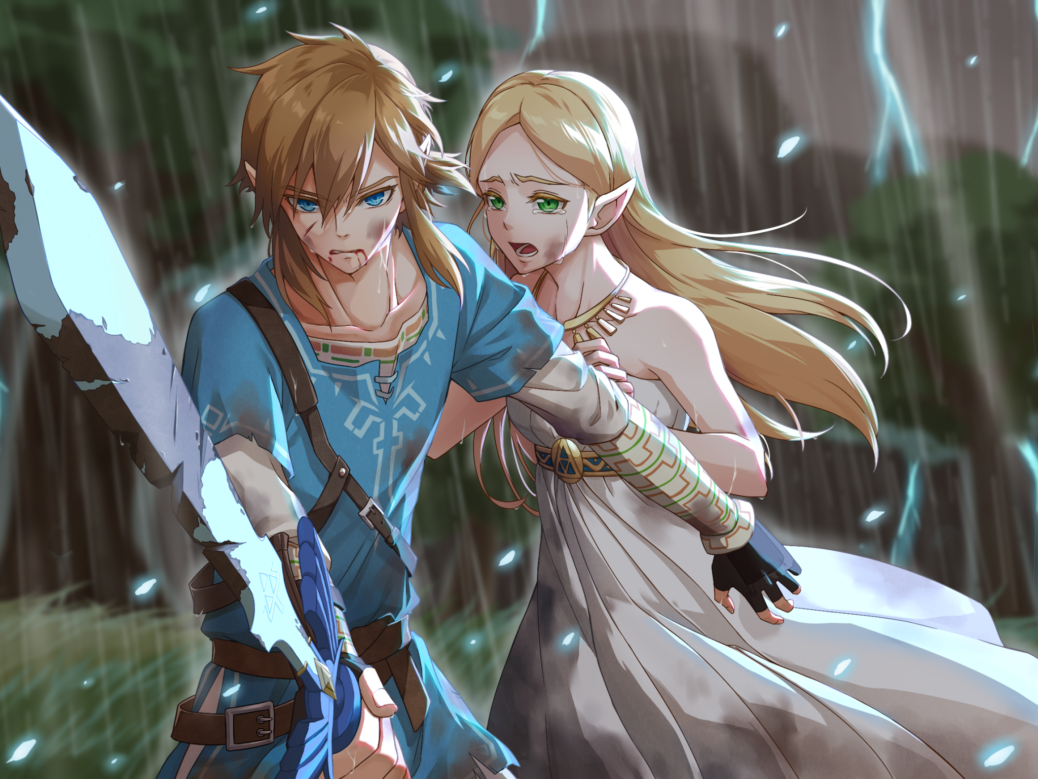 Download 2048x1536 Link, Princess Zelda, Crying, Tears, The Legend Of Zelda: Breath Of The Wild, Sword, Blonde, Dress, Raining, Fight Wallpaper for Ainol Novo 9 Spark