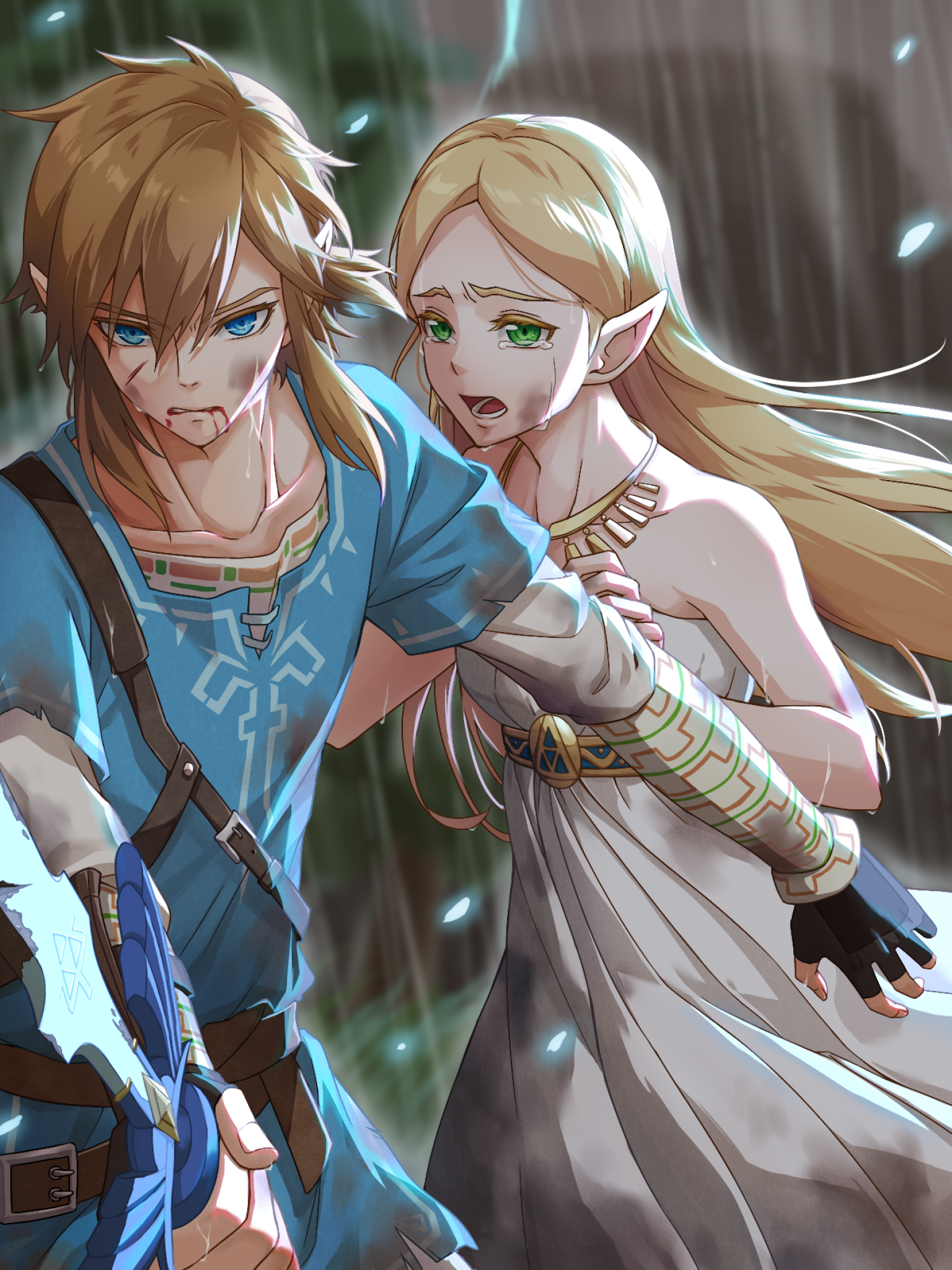 Download 1536x2048 Link, Princess Zelda, Crying, Tears, The Legend Of Zelda: Breath Of The Wild, Sword, Blonde, Dress, Raining, Fight Wallpaper for Apple iPad Mini, Apple IPad 3, 4
