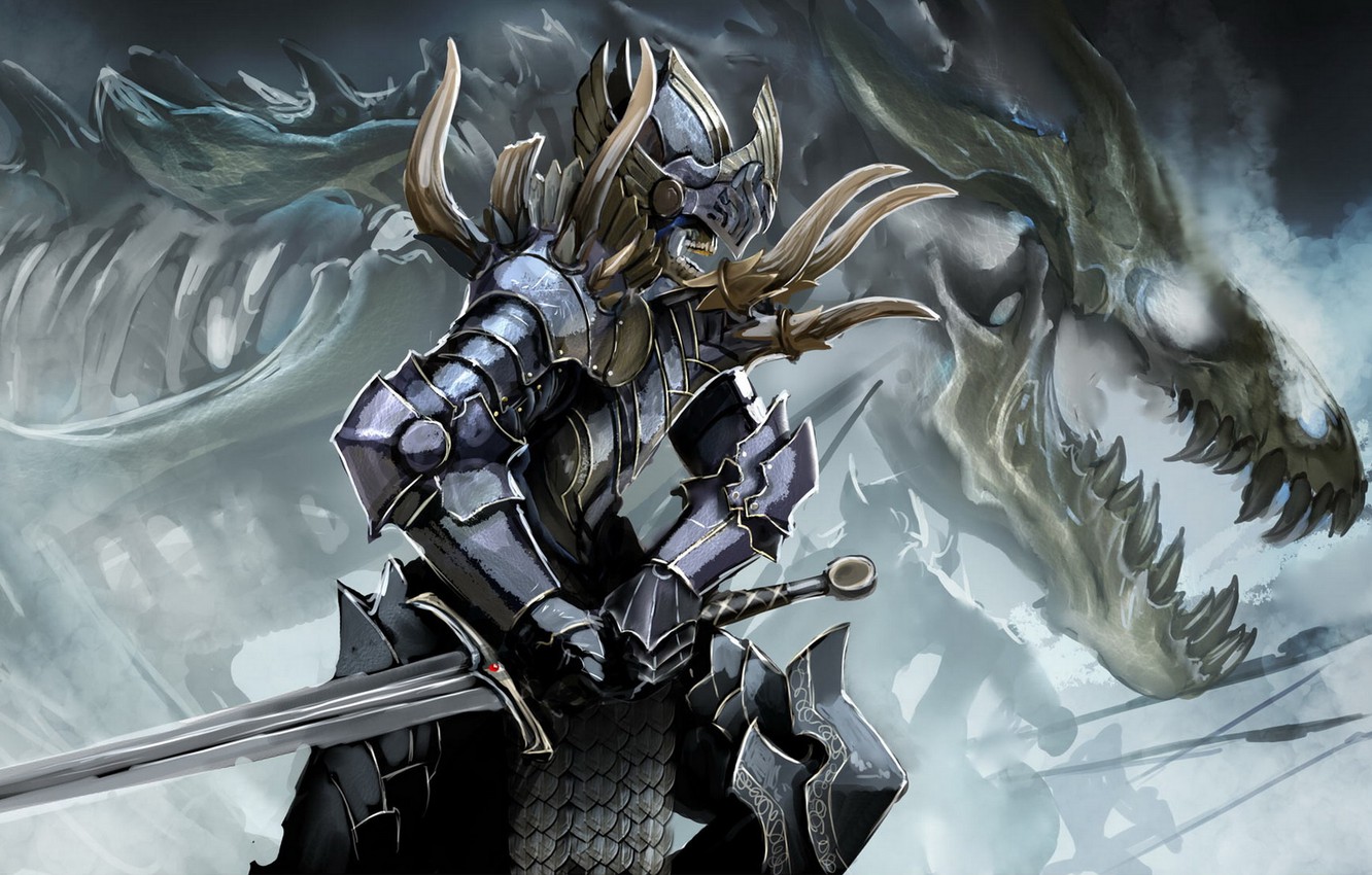 Wallpaper dragon, sword, armor, Skeleton image for desktop, section фантастика
