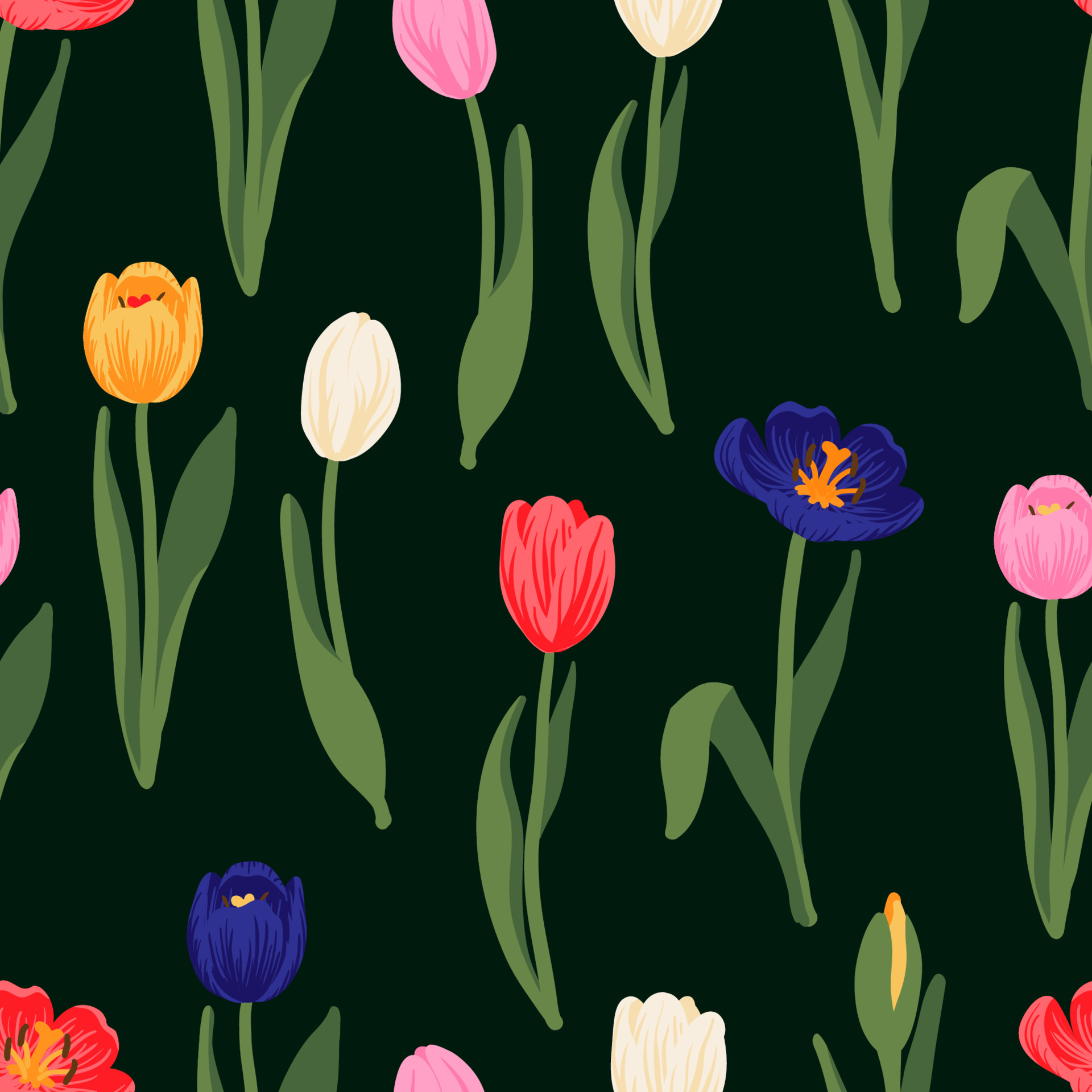 Seamless floral pattern red, yellow, purple, pink tulips and green leaves. Spring flowers background for wrapping, textile, wallpaper, scrapbook, Easter, Happy Mothers, Womens Day. Flat cartoon design