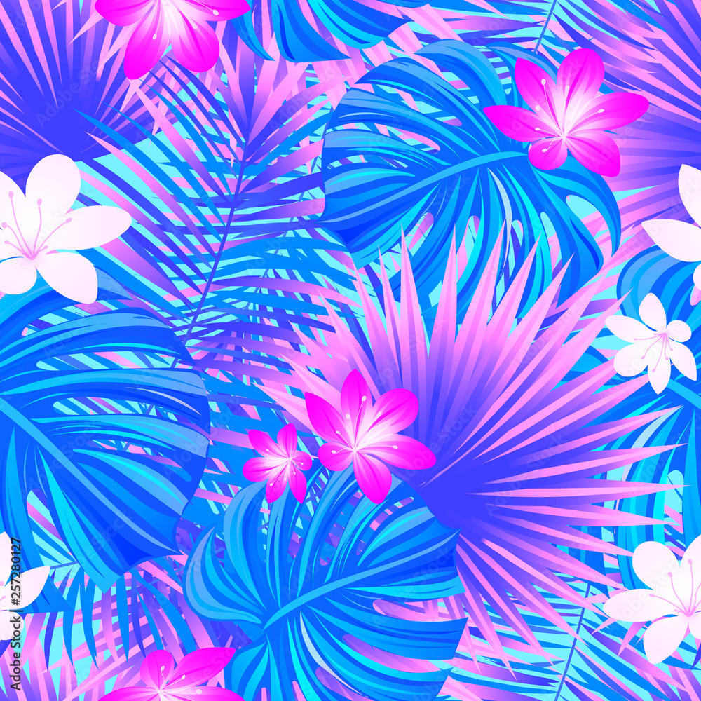 Spring floral background. Colorful tropical seamless pattern. tropic repeat texture. Exotic leaves, flowers. Vector wallpaper. Colored backdrop with jungle plants. Bright violet and purple colors. Stock Vector