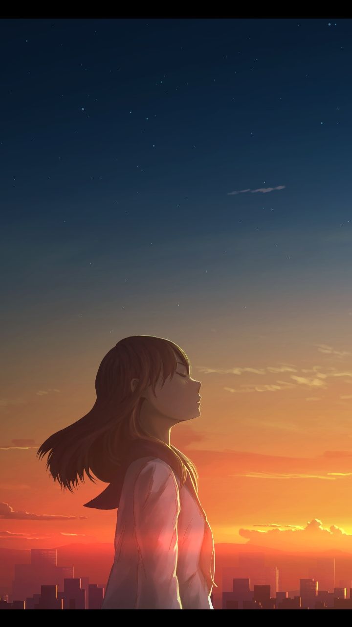 Girl, relaxed in sunset, outdoor, anime wallpaper. Anime scenery, Anime scenery wallpaper, Sky anime