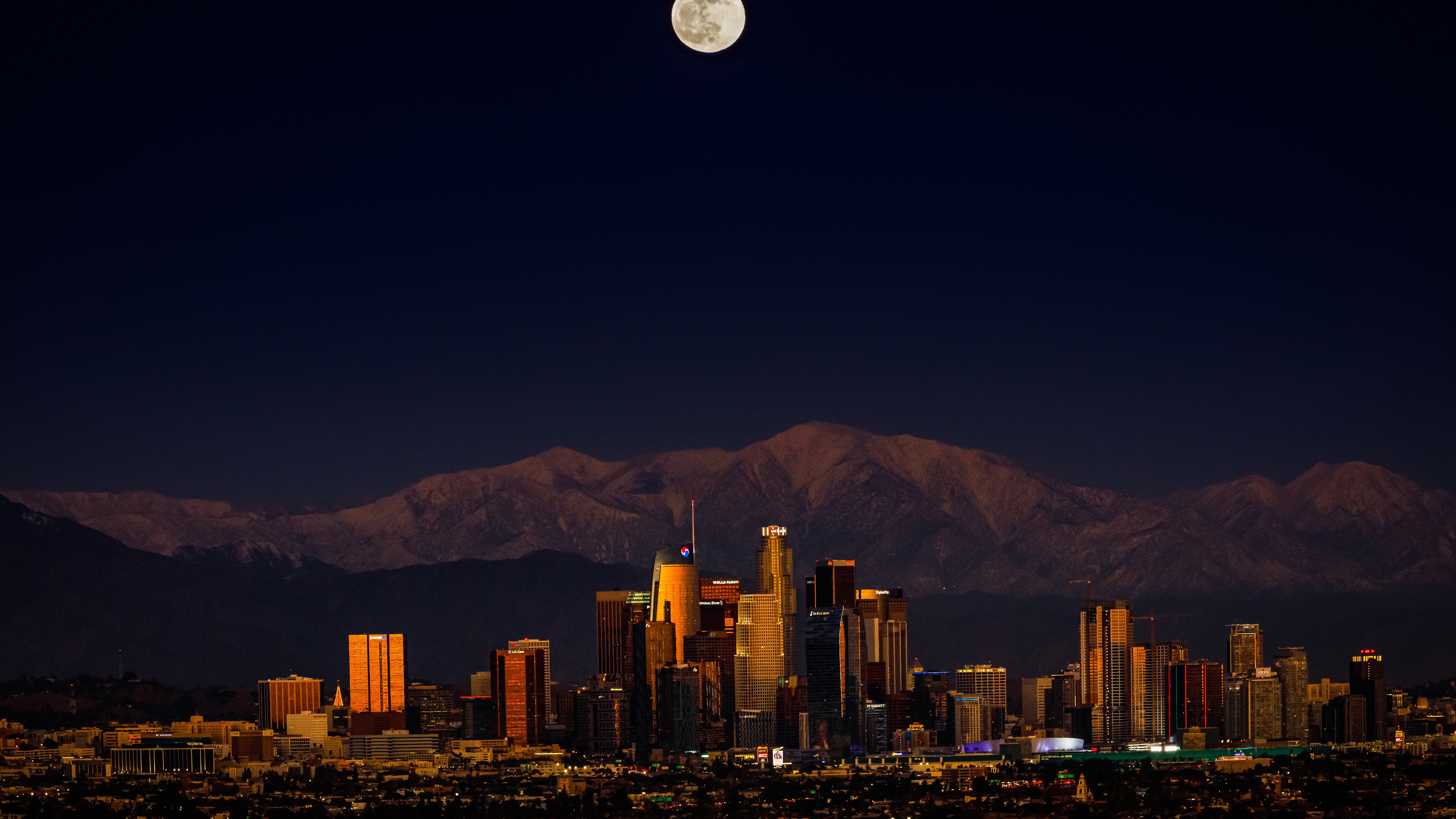 Los Angeles Wallpaper 4K, Downtown, Cityscape, Night, Full moon, Dark, 5K, World