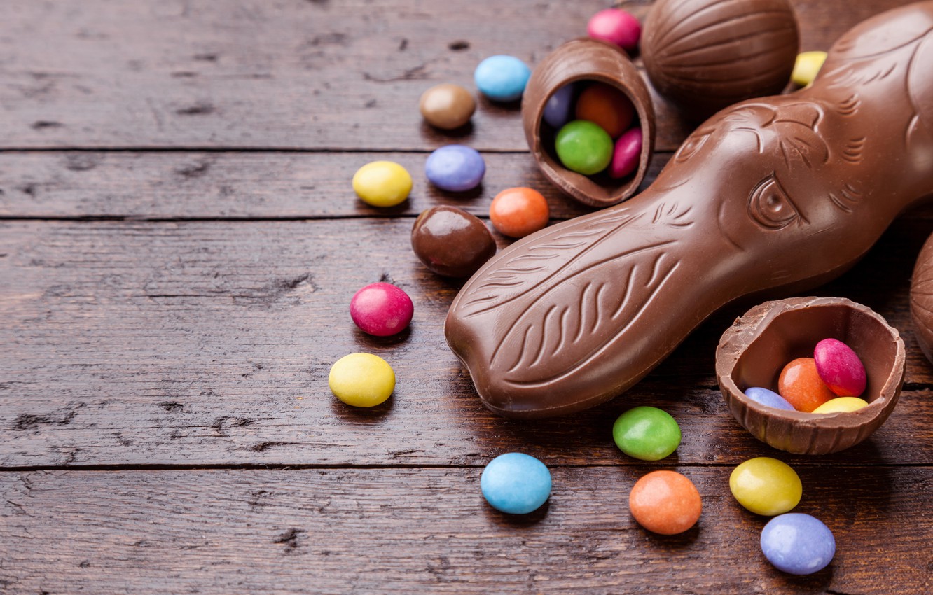 Wallpaper chocolate, eggs, colorful, rabbit, candy, Easter, wood, chocolate, spring, Easter, eggs, bunny, candy, decoration, Happy image for desktop, section праздники