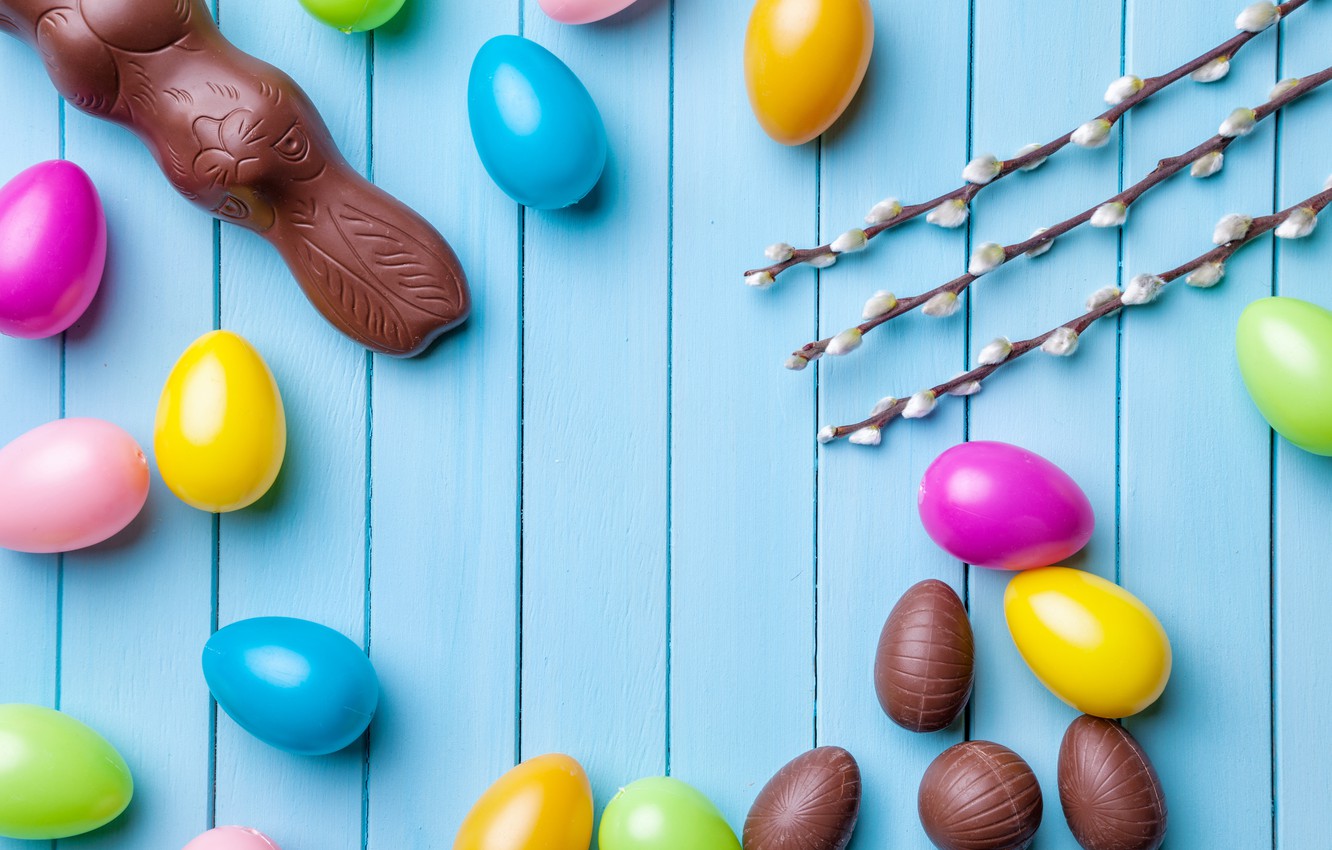 Wallpaper chocolate, eggs, colorful, rabbit, candy, Easter, wood, Verba, chocolate, spring, Easter, eggs, bunny, candy, decoration, Happy image for desktop, section праздники